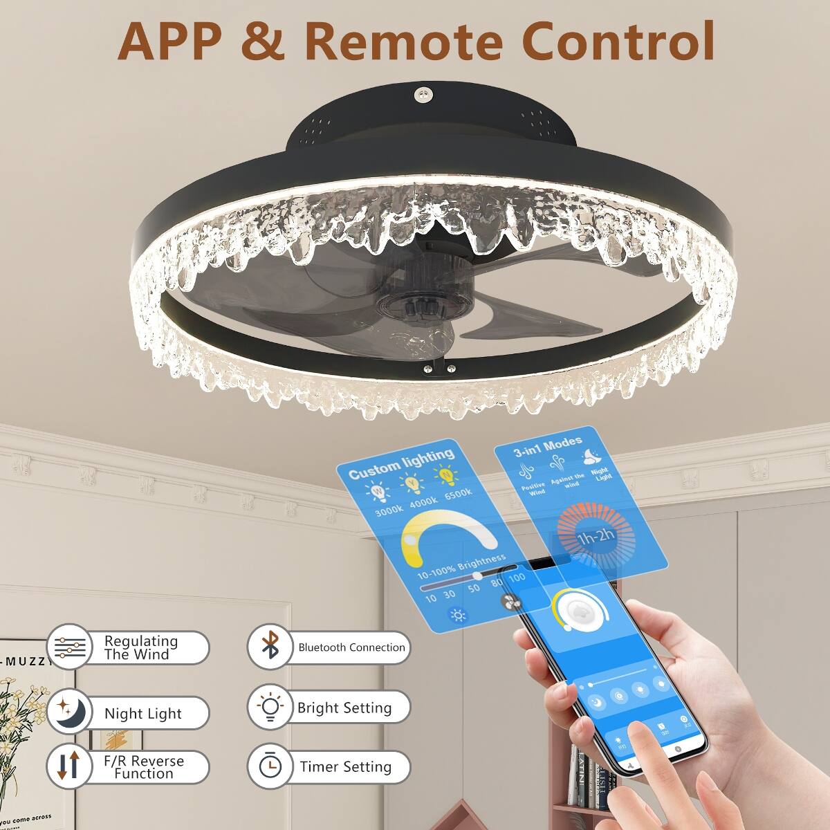 APP & Remote Control

3-in-1 Modes
Custom lighting & Night Against the Light
Positive wind 6500k
Wind 3000k 4000k
1h-2h
10-100% Brightness
80 100 50 10 30

Regulating The Wind
Bluetooth Connection
Night Light
Bright Setting
F/R Reverse Function
Timer Setting