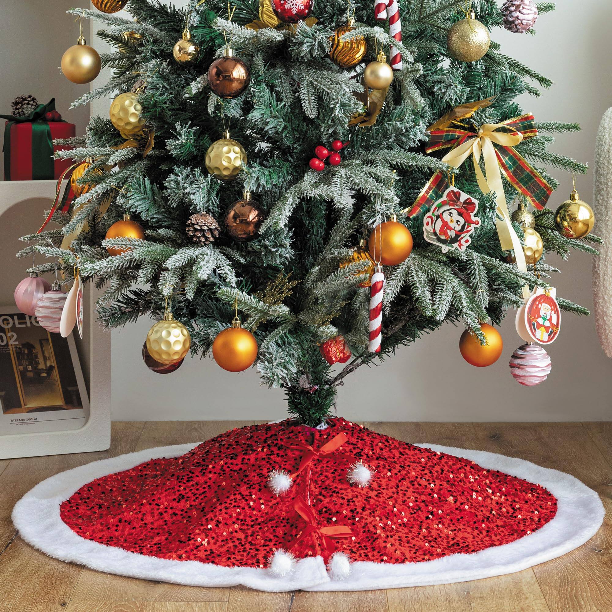 Alt View 4. Paradigms Interiors - Christmas Tree Skirt Sparkly With Faux Plush Decorations Base Mat Thick Rugs For Xmas Party Home Decor - Hot Pink.