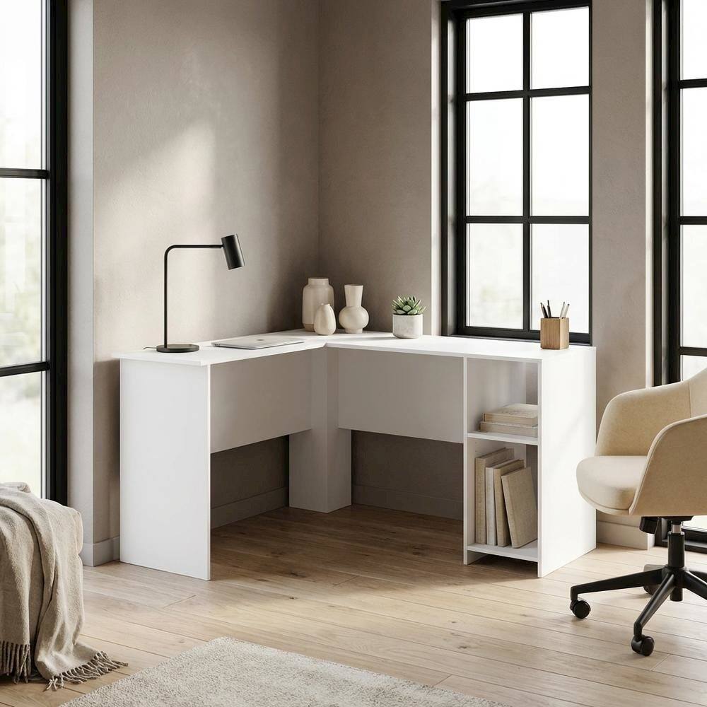 Left. BisonOffice - White L-Shaped Desk with Bookshelves for Home Office and Study Space - White.