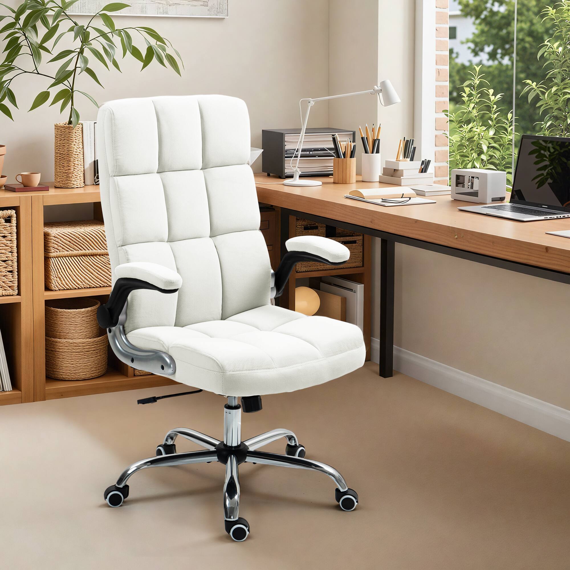 Angle. U-HOMY - Velvet Executive Office Chair: Ergonomic Desk Chair with Adjustable Height & 360° Rotation - Off-White.