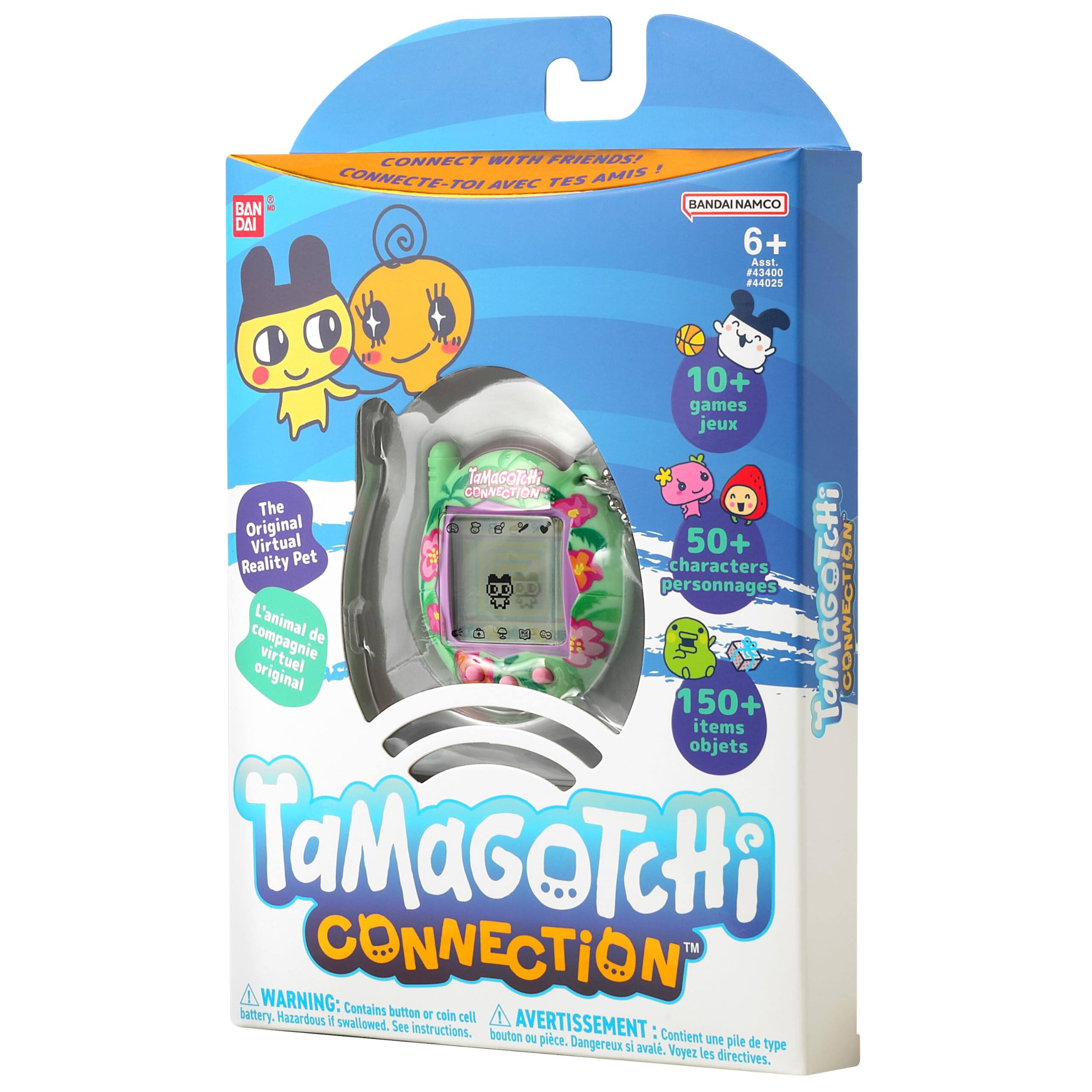 BANDAI CONNECT WITH FRIENDS!  
CONNECTE-TOI AVEC BANDAI NAMCO  

6+  
#43400 #44025  

10+ games  
jeux  

50+ Virtual Reality Pet characters  
personnages  

150+ items  
objets  

The Original Virtual Reality Pet  
L'animal de compagnie virtuel original  

WARNING: Contains button or coin cell battery. Hazardous if swallowed.  
AVERTISSEMENT: Contient une pile de type bouton ou pièce. Dangereux si avalé. Voyez les directives.