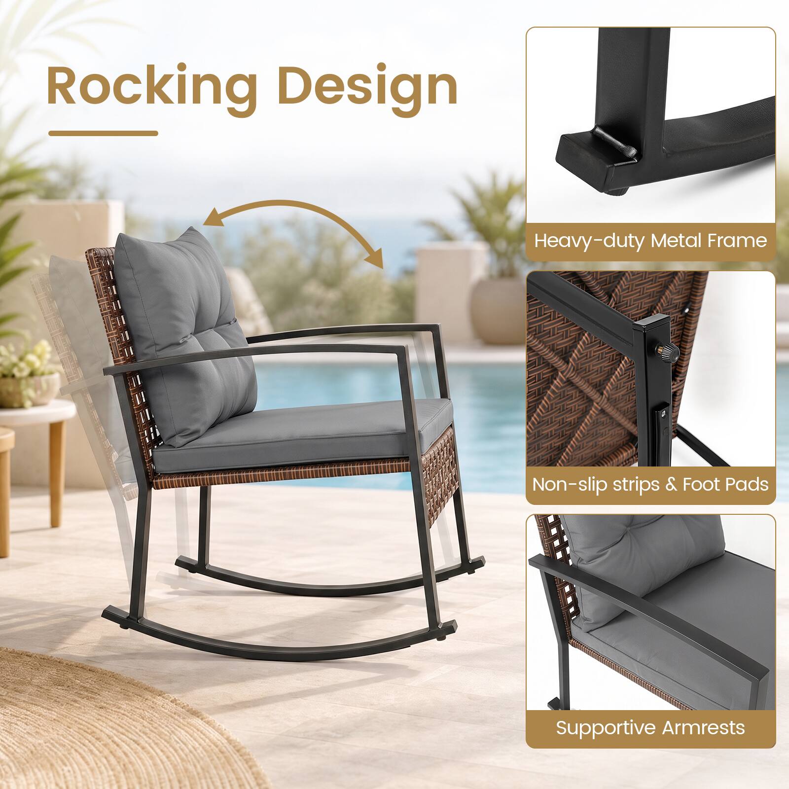Rocking Design  
Heavy-duty Metal Frame  
Non-slip strips & Foot Pads  
Supportive Armrests