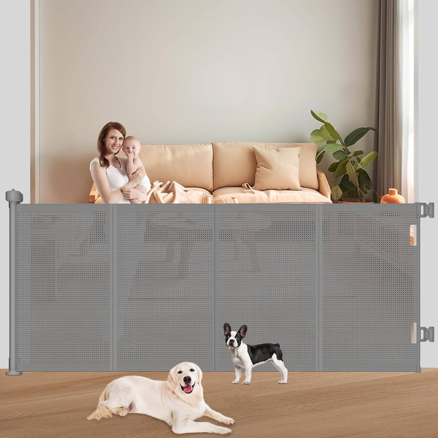 Front. Pawtners - Pawtners 71" Retractable Baby Gate with Reinforced Mesh, 41" Tall Indoor Safety Gate for Babies & Pets – Gray - Grey.