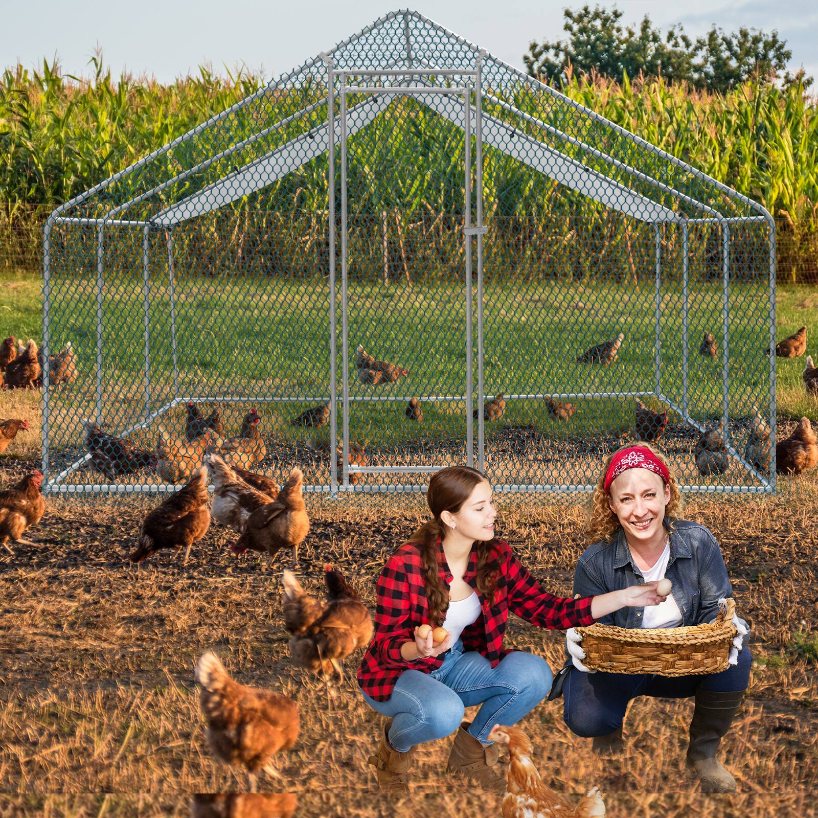 Alt View 3. Winado - 20x10FT Large Metal Poultry Cage for Chicken Run, Walk-in Chicken Pen with Waterproof Cover for Garden Outdoor Yard - Silver Frame, Green Mesh.