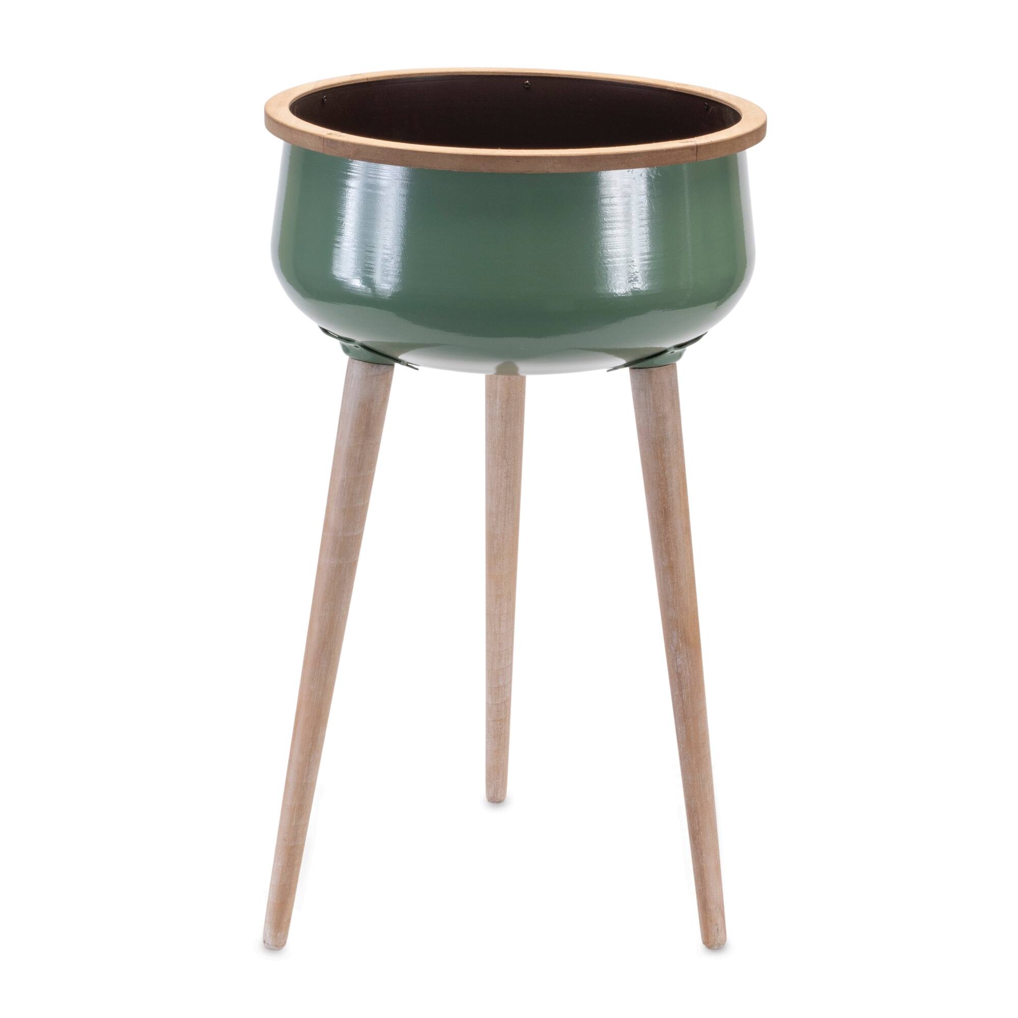 Front. BreeBe - Metal Planter with Wood Legs 24"H - Green.