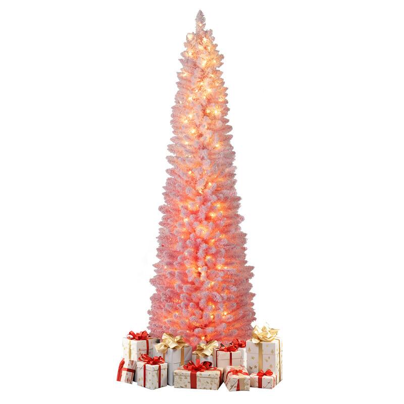 WELLFOR - 7ft Pre‑Lit Artificial Christmas Tree, Snow‑Flocked Pencil Hinged Xmas Tree with 527 Branch Tips & 180 LED Lights - Pink