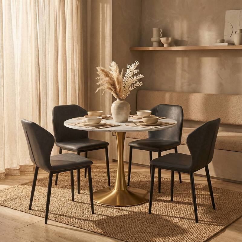 Left. LeisureMod - Bristol 40" Round Modern Dining Table, Sintered Stone/MDF Top - Minimalist Pedestal Base with Floor Protection - Beveled - Marbled White.