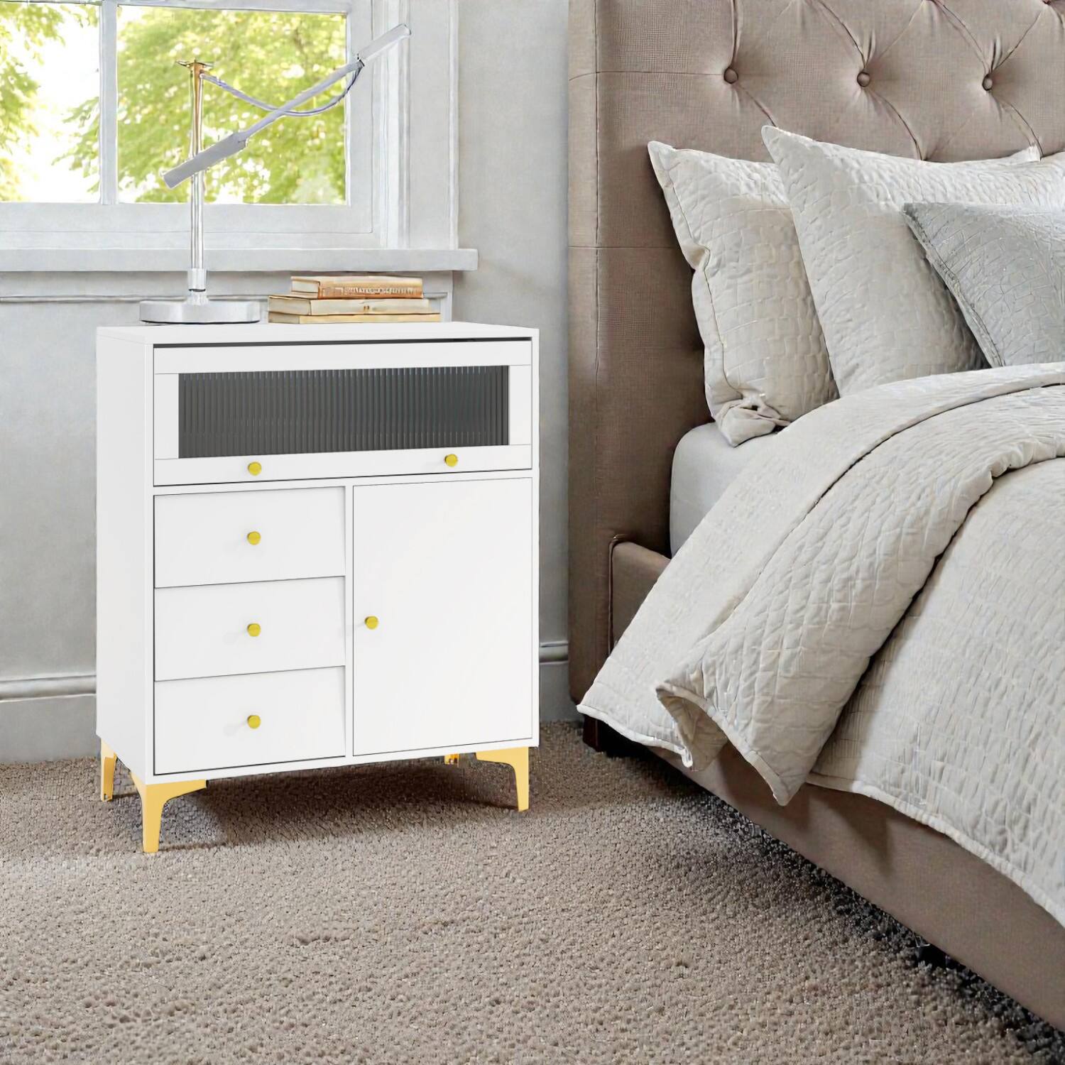Front. Hivvago - Drawer Chest with Flip-Up Ribbed Glass Door for Bedroom or Kitchen - Gray.