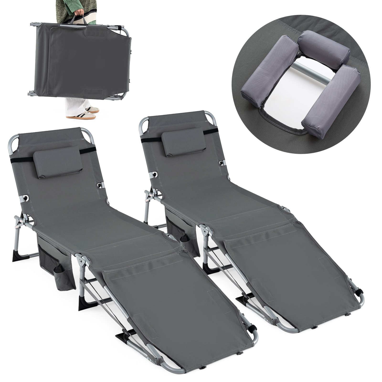 Gymax - 2PCS Tanning Chair w/Face Arm Holes 4-Level Backrest & Head Pillow Side Pocket - Gray