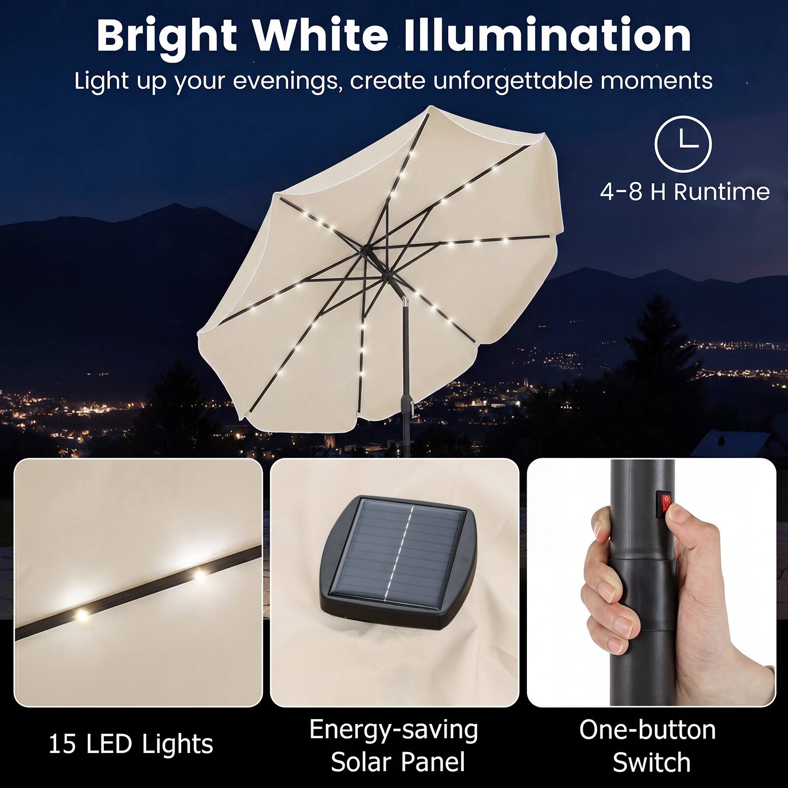Bright White Illumination  
Light up your evenings, create unforgettable moments  

- 4-8 H Runtime  
- 15 LED Lights  
- Energy-saving Solar Panel  
- One-button Switch