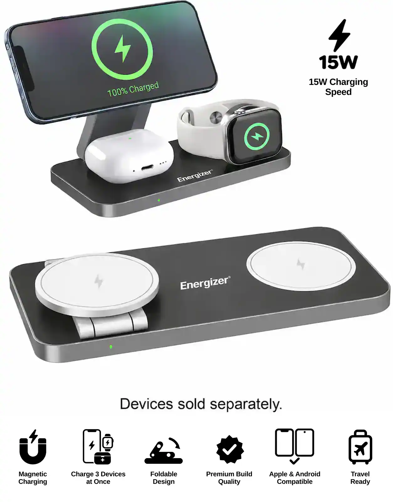 Energizer - 3-in-1 15W Magnetic MagSafe/Qi2 Compatible Fast 15W Charger, Charging Station/Stand for iPhone + AirPods + Apple Watch - Black