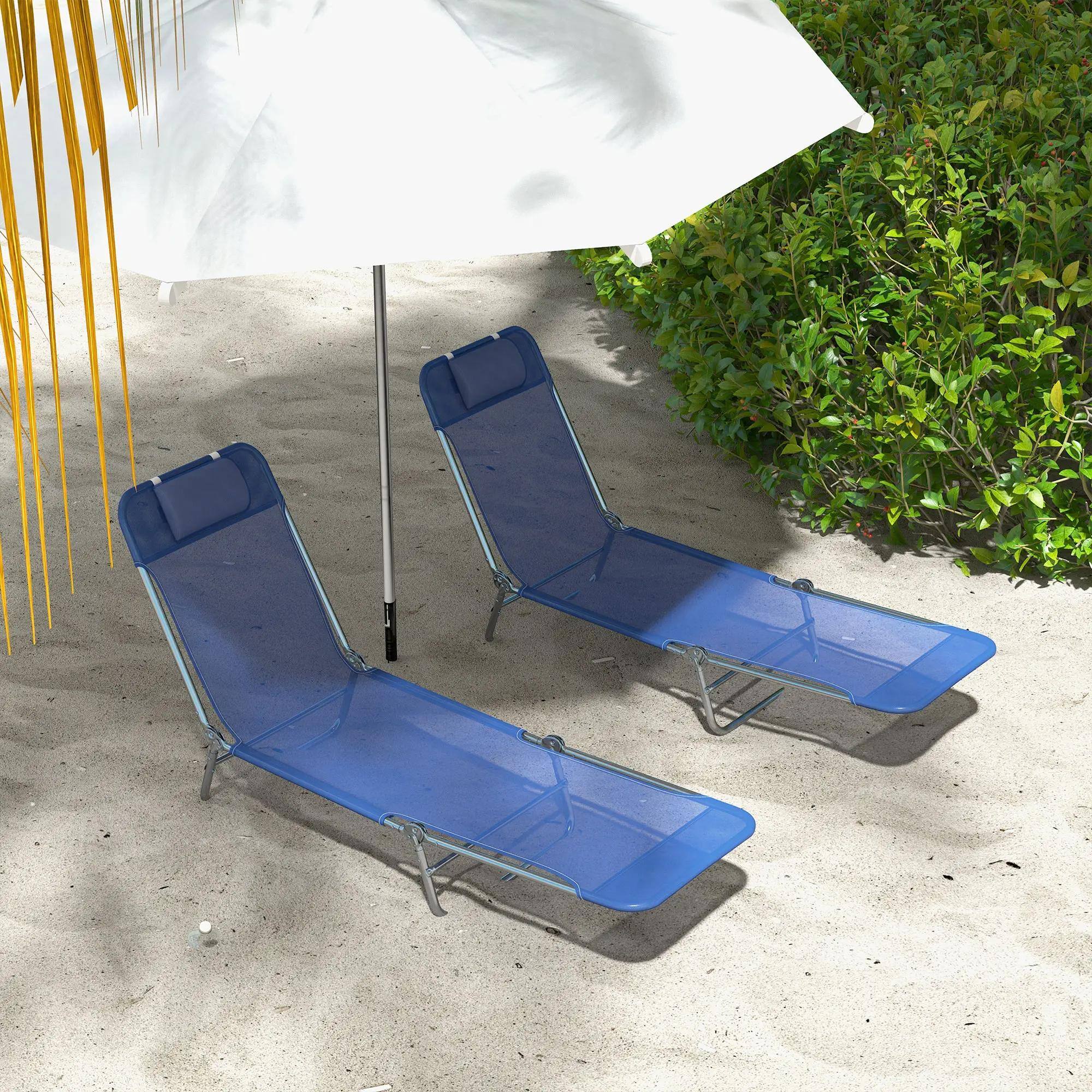 Left. Resenkos - ResenKos 2-Piece Foldable Premium Chaise Lounge Chairs , Reclining Sunbeds With Breathable Mesh Seating, Dark Blue - Dark Blue.