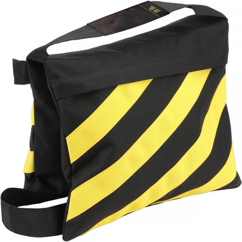 Front. Lectronify - 20 lb Filled Caution Stripe Saddle Sandbag, Cordura Nylon Water-Resistant Counterweight with Double Zipper and Handles - Black.