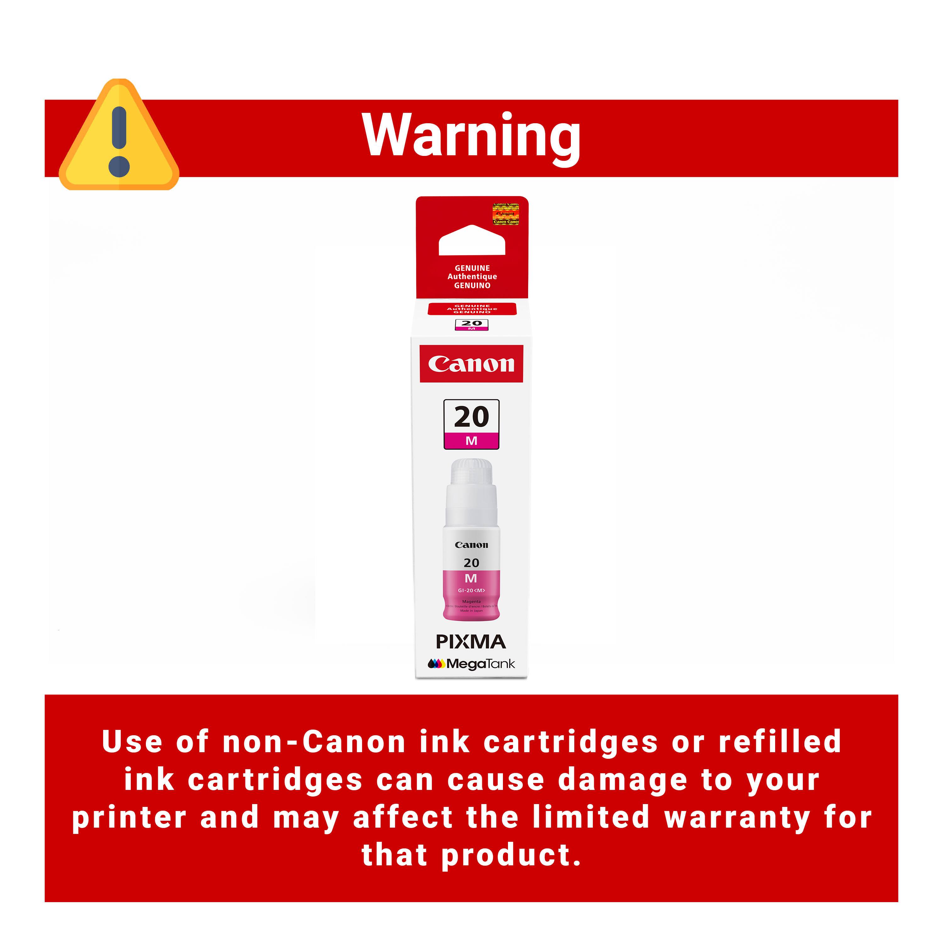 Warning

Use of non-Canon ink cartridges or refilled ink cartridges can cause damage to your printer and may affect the limited warranty for that product.