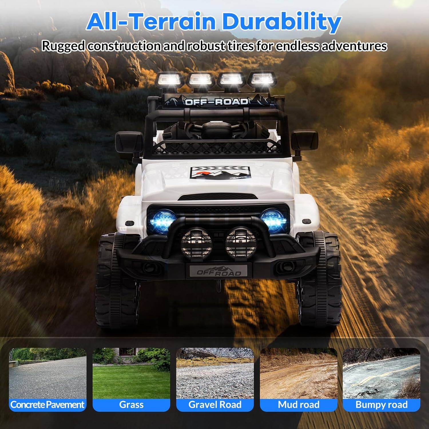 All-Terrain Durability  
Rugged construction and robust tires for endless adventures  

Concrete Pavement  
Grass  
Gravel Road  
Mud road  
Bumpy road