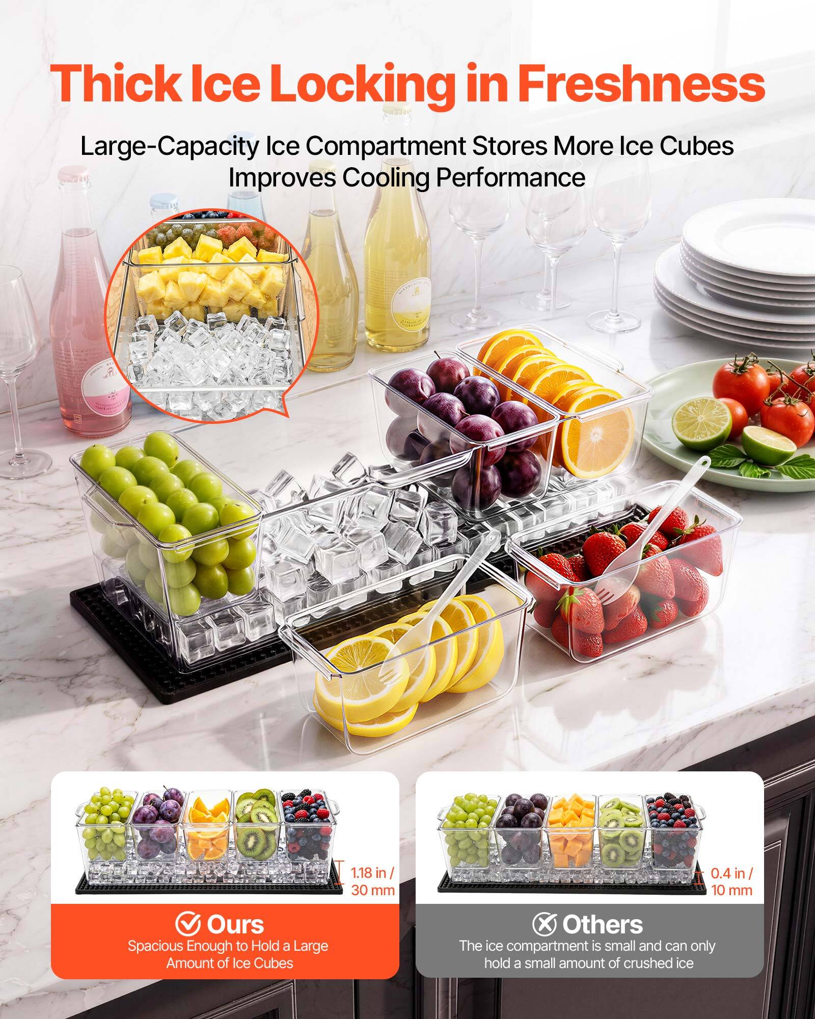 Thick Ice Locking in Freshness  
Large-Capacity Ice Compartment Stores More Ice Cubes  
Improves Cooling Performance  

1.18 in / 30 mm  
0.4 in / 10 mm  

Ours  
Spacious Enough to Hold a Large Amount of Ice Cubes  

Others  
The ice compartment is small and can only hold a small amount of crushed ice