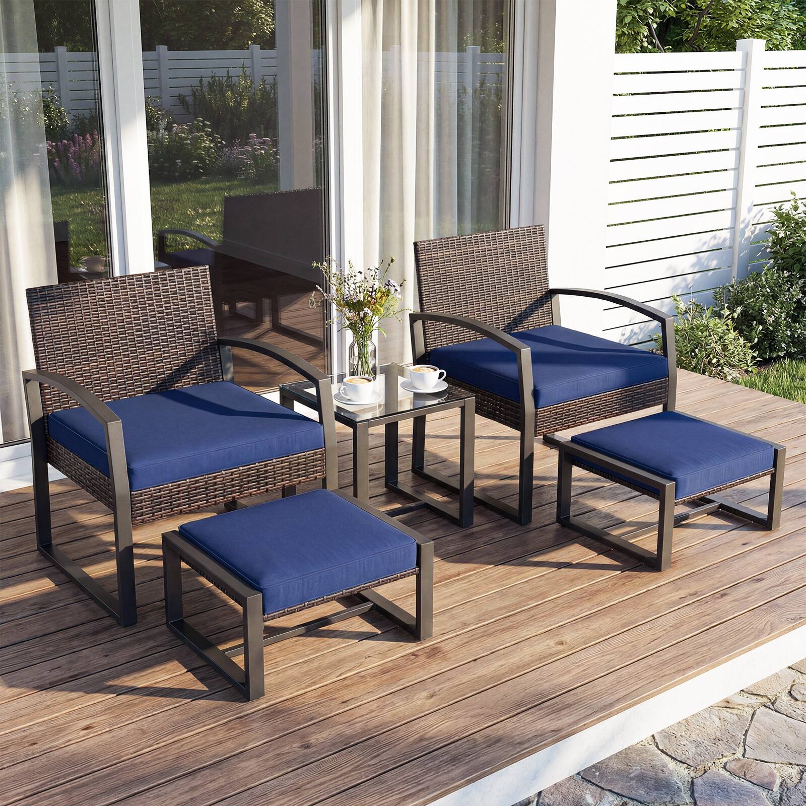 Alt View 1. Costway - Costway Outdoor Furniture Set, Patio Rattan Conversation Set for Balcony,Porch, Backyard - Mix Brown+Navy Blue.
