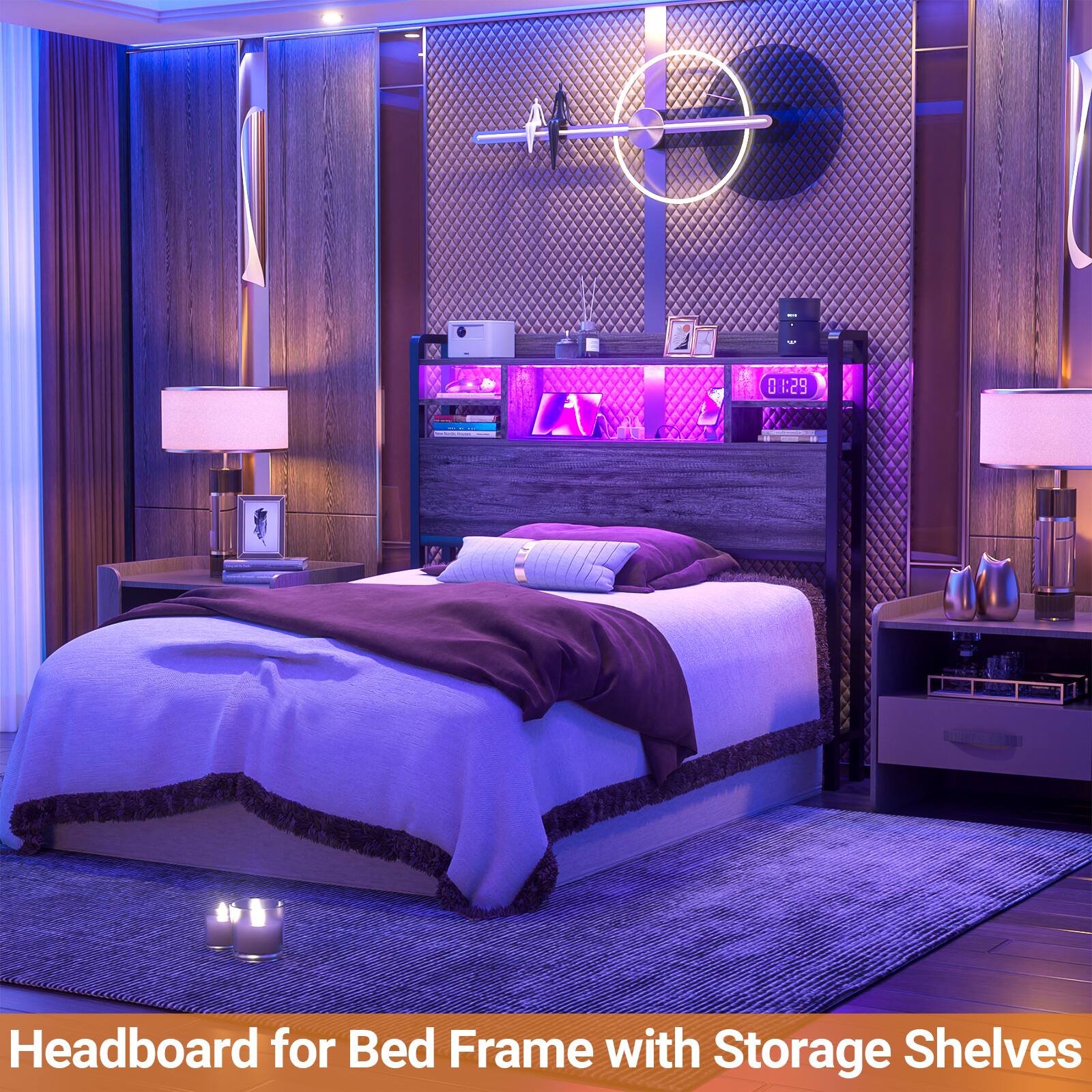 Headboard for Bed Frame with Storage Shelves