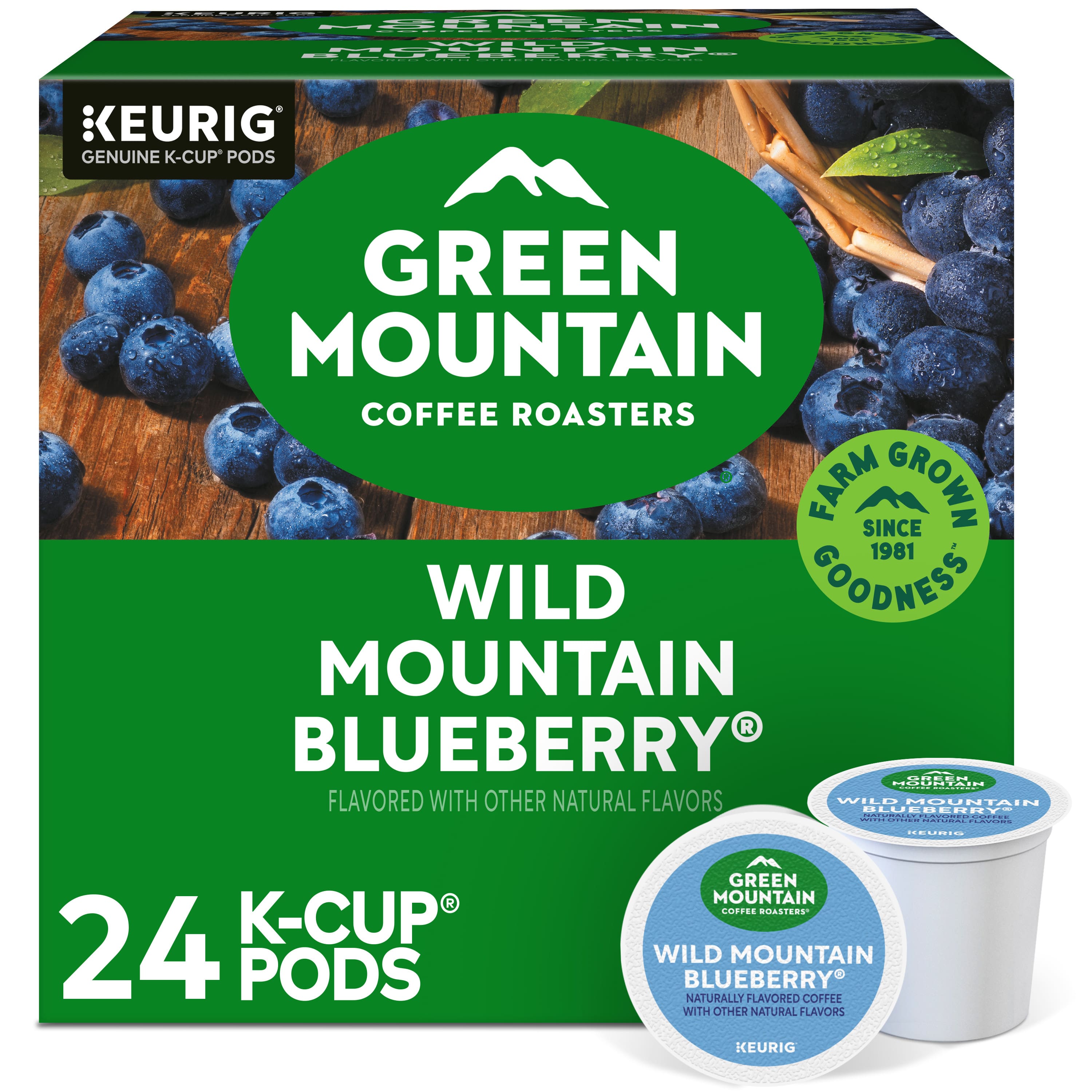 Sure, here is the corrected and grouped text from the image:
---
**KEURIG**
GENUINE K-CUP® PODS
**GREEN MOUNTAIN COFFEE ROASTERS**
FARM GROWN SINCE 1981
WILD GOODNESS
**WILD MOUNTAIN BLUEBERRY®**
FLAVORED WITH OTHER NATURAL FLAVORS
**24 K-CUP® PODS**
---
**GREEN MOUNTAIN COFFEE ROASTERS**
WILD MOUNTAIN BLUEBERRY®
NATURALLY FLAVORED COFFEE WITH OTHER NATURAL FLAVORS
KEURIG
---