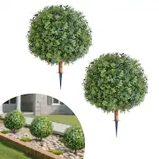 Front. VEVOR - Artificial Topiary Boxwood Trees with Ground Spike, 22 inch 2 Set Faux Shrubs & Bushes Potted Plants - Green.