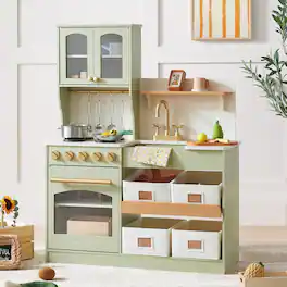Tiny Land - Pretend Play Kitchen for Toddlers, Wooden Kids Kitchen Playset with Cookware, 4 Bins, Faucet and Storage, Age 3+ - Green