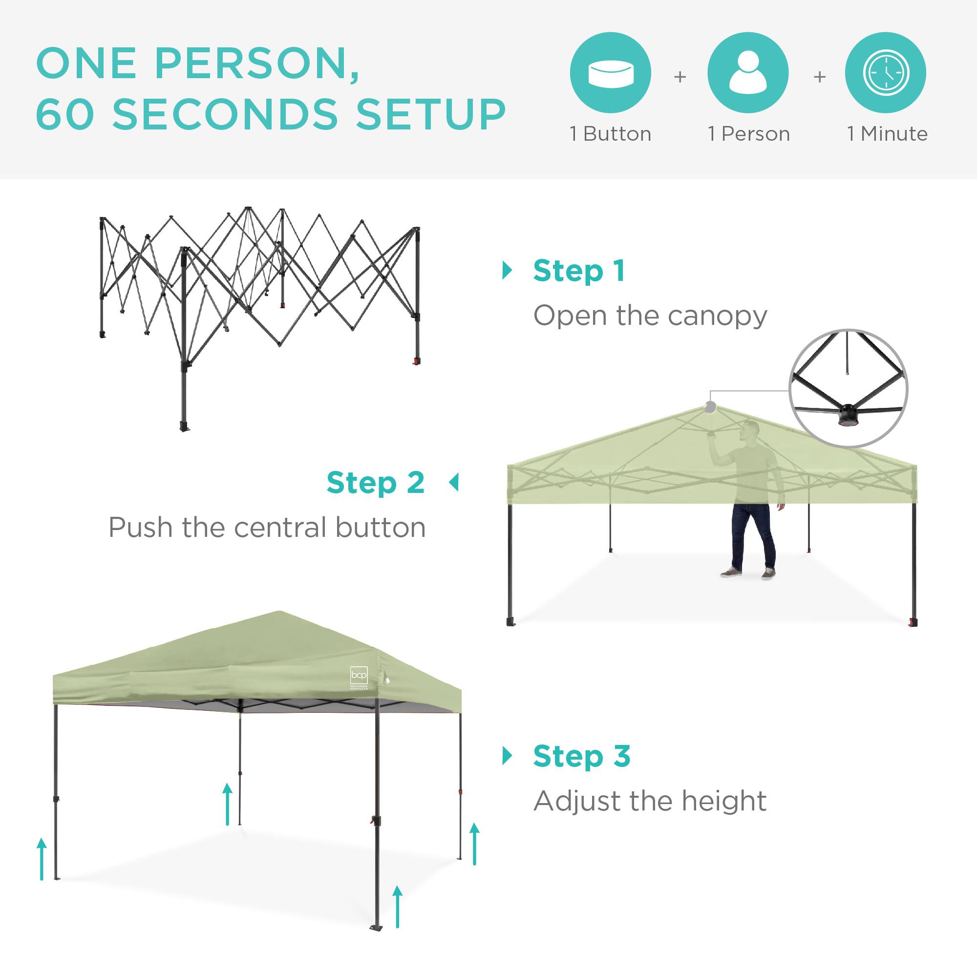 ONE PERSON, 60 SECONDS SETUP

1 Button + 1 Person + 1 Minute

Step 1
Open the canopy

Step 2
Push the central button

Step 3
Adjust the height