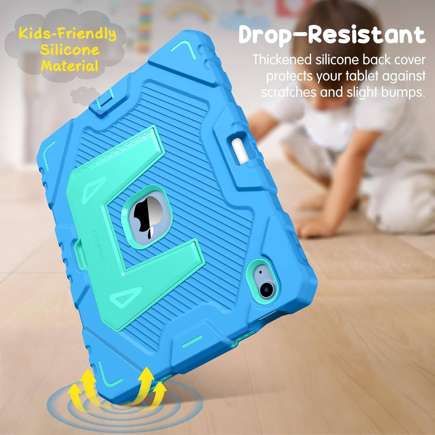 Kids-Friendly Silicone Material

Drop-Resistant

Thickened silicone back cover protects your tablet against scratches and slight bumps.