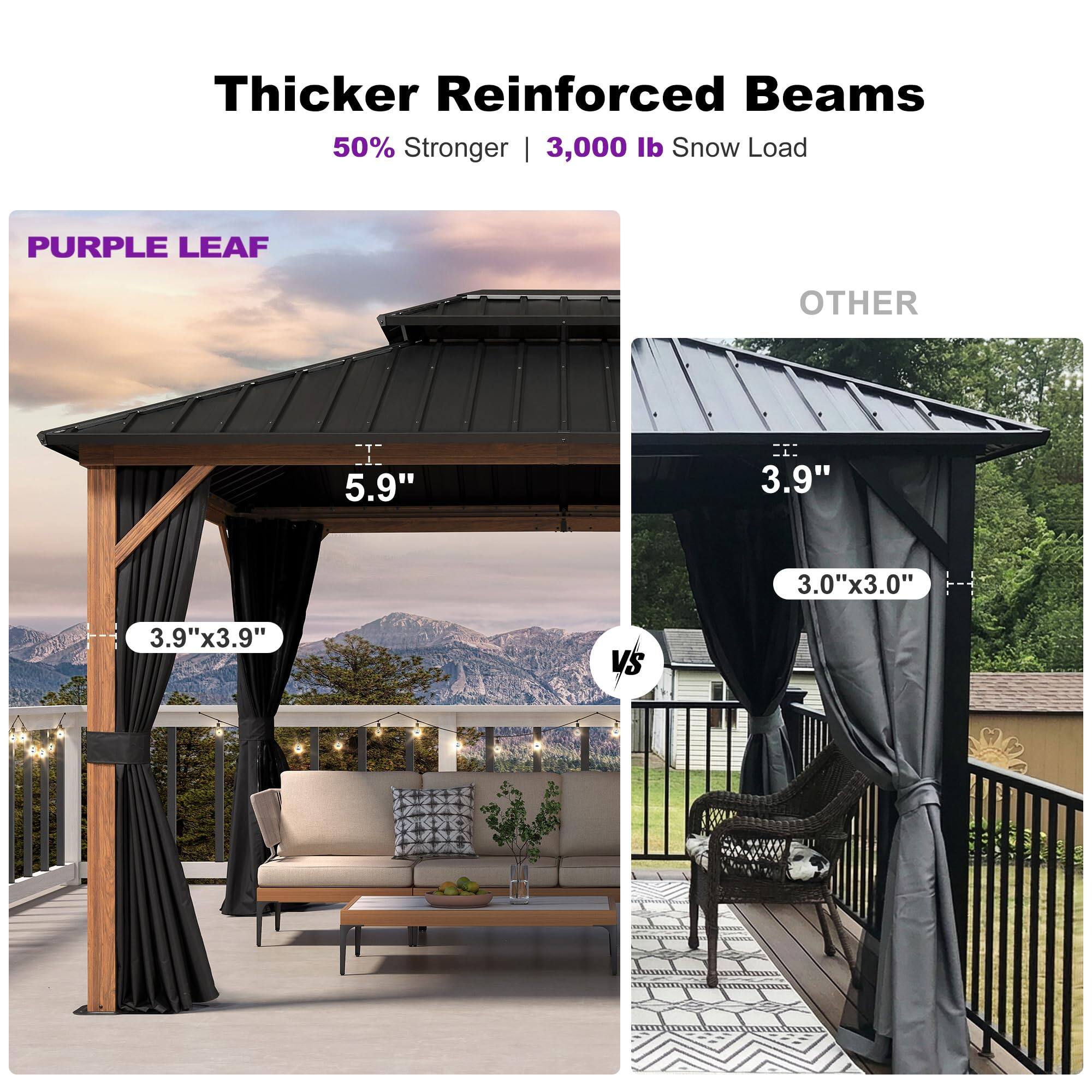 Thicker Reinforced Beams  
50% Stronger | 3,000 lb Snow Load  

PURPLE LEAF  
5.9"  
3.9"x3.9"  

OTHER  
3.9"  
3.0"x3.0"