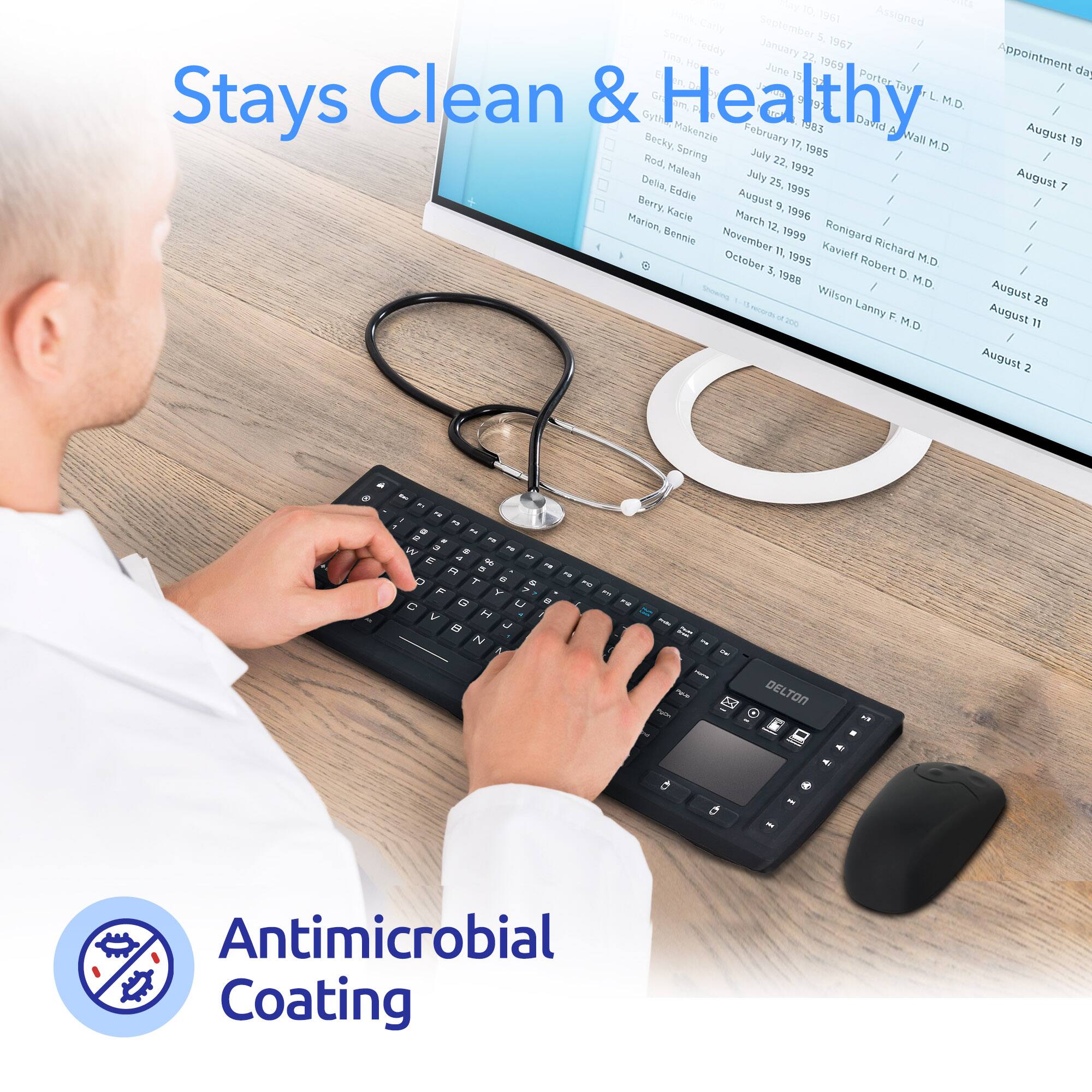The text in the image reads:

"Stays Clean & Healthy
Antimicrobial Coating"

The text in the image is promoting a product or surface that has an antimicrobial coating, emphasizing its cleanliness and health benefits.