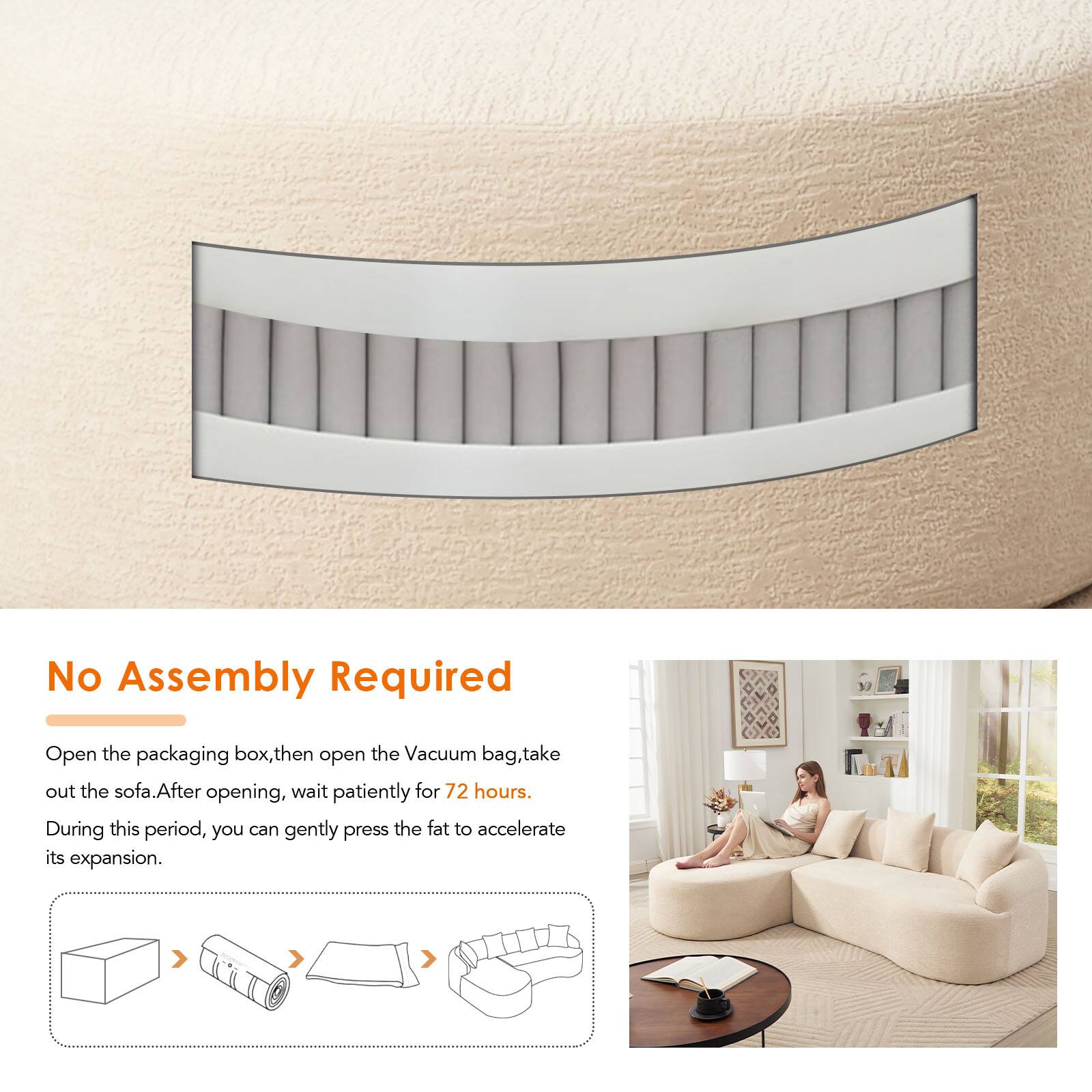 No Assembly Required

Open the packaging box, then open the Vacuum bag, take out the sofa. After opening, wait patiently for 72 hours. During this period, you can gently press the fat to accelerate its expansion.