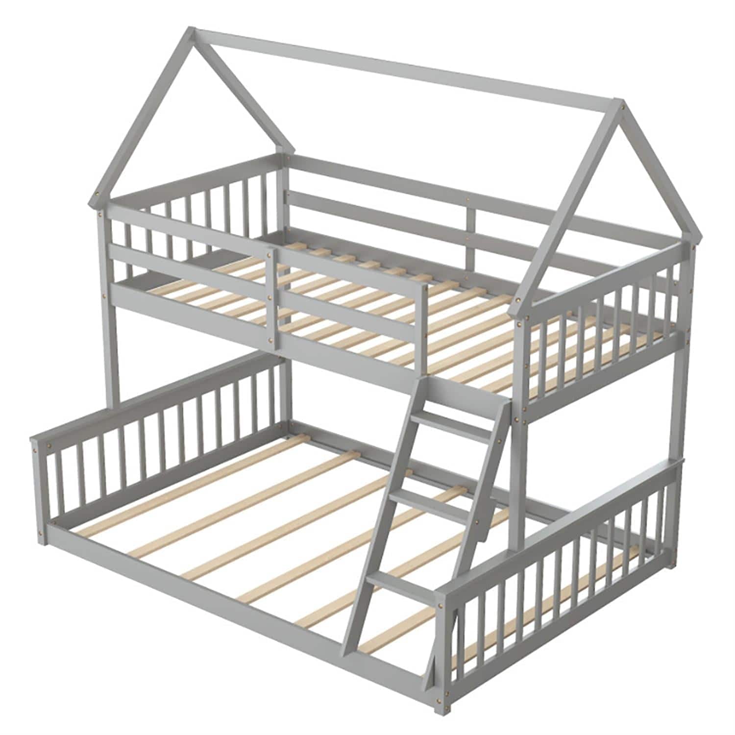 Pefilos - Twin Over Full Bunk Bed with Ladder and Guardrails, House Twin Bunk Beds, Bed Frame - Gray
