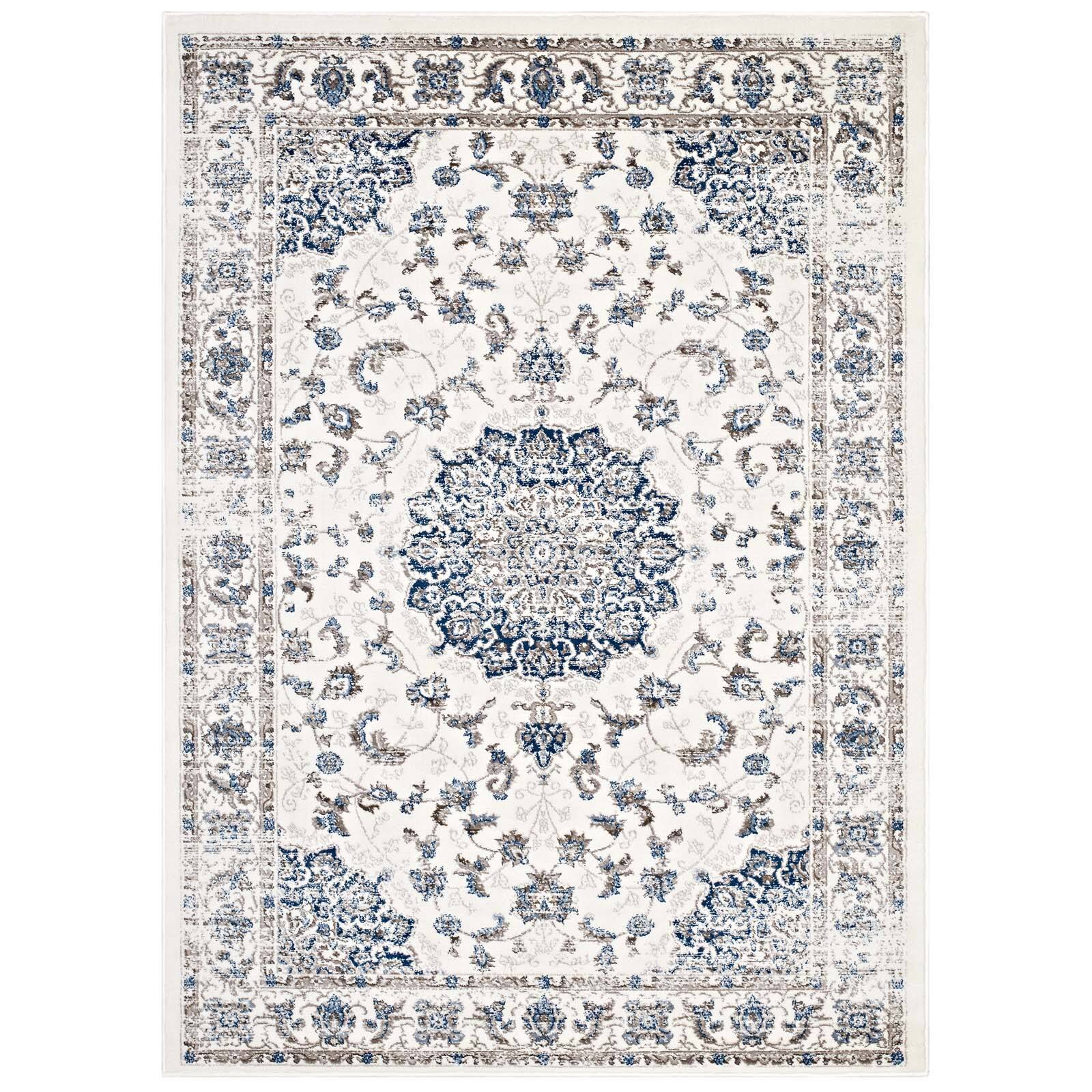 Angle. Modway - Lilja Distressed Vintage Medallion Area Rug - Ivory and Moroccan Blue.