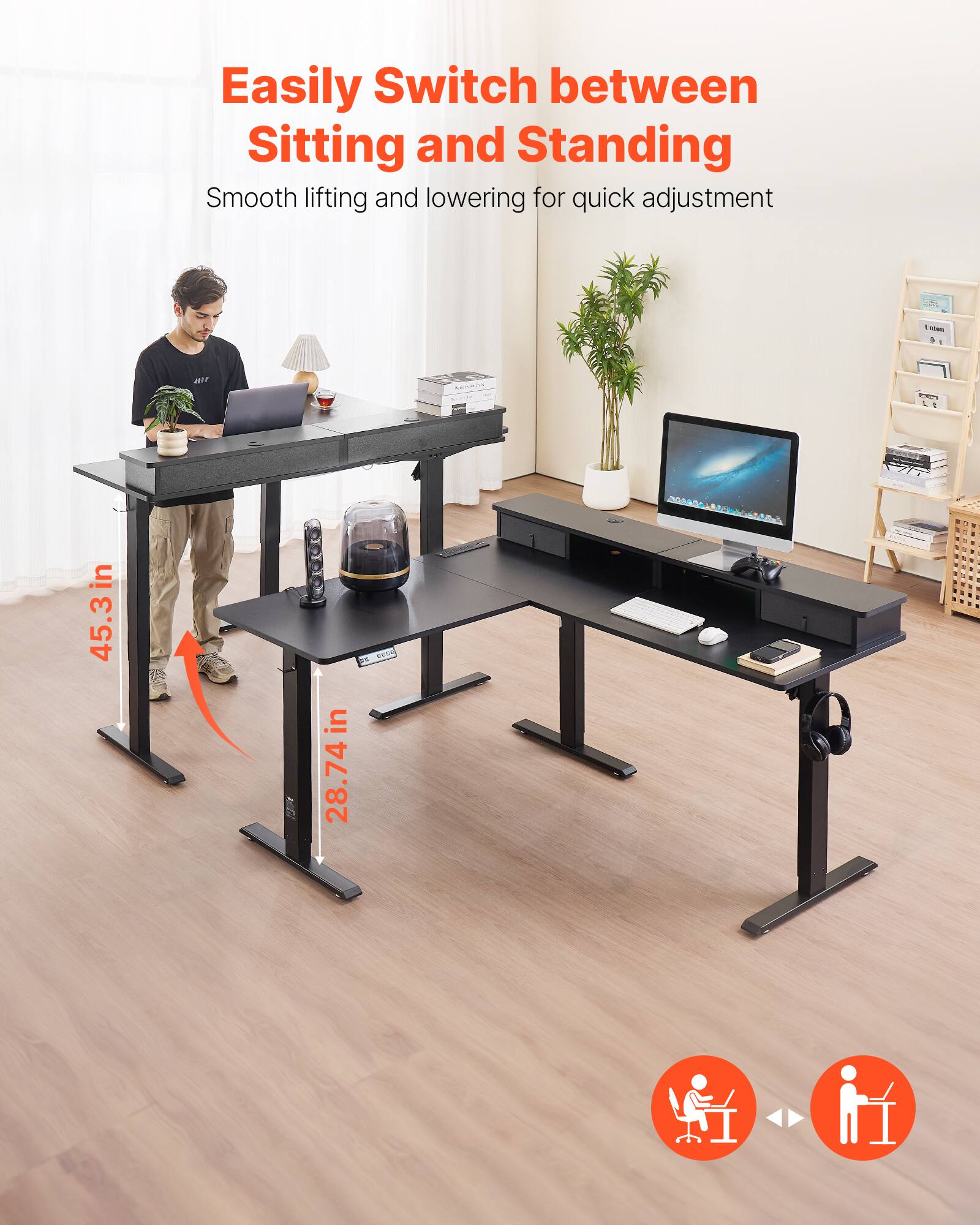 Easily Switch between Sitting and Standing Smooth lifting and lowering for quick adjustment 21 in 45.3 in 3 in 28.74in S ADO