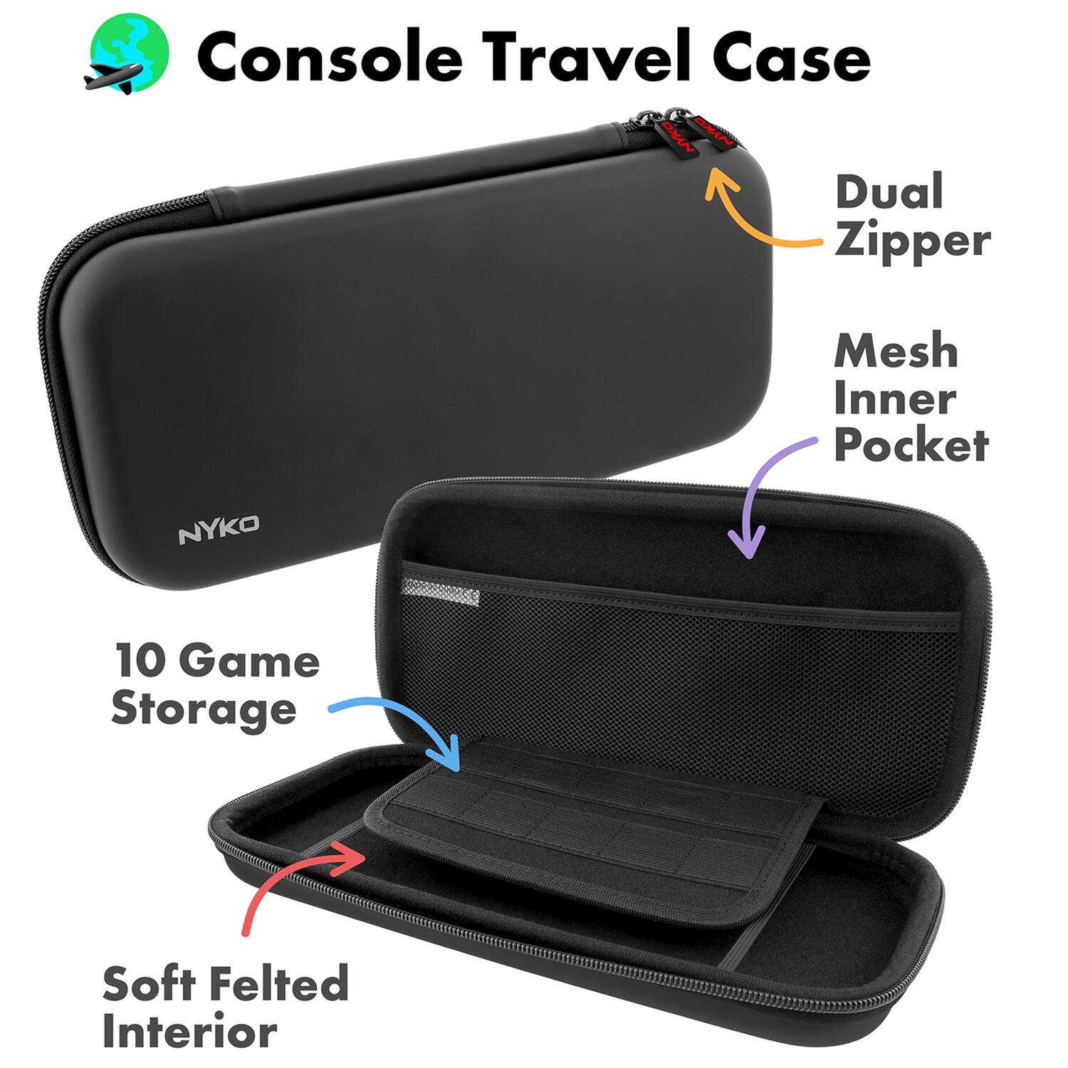Console Travel Case  
Dual Zipper  
Mesh Inner Pocket  
10 Game Storage  
Soft Felted Interior