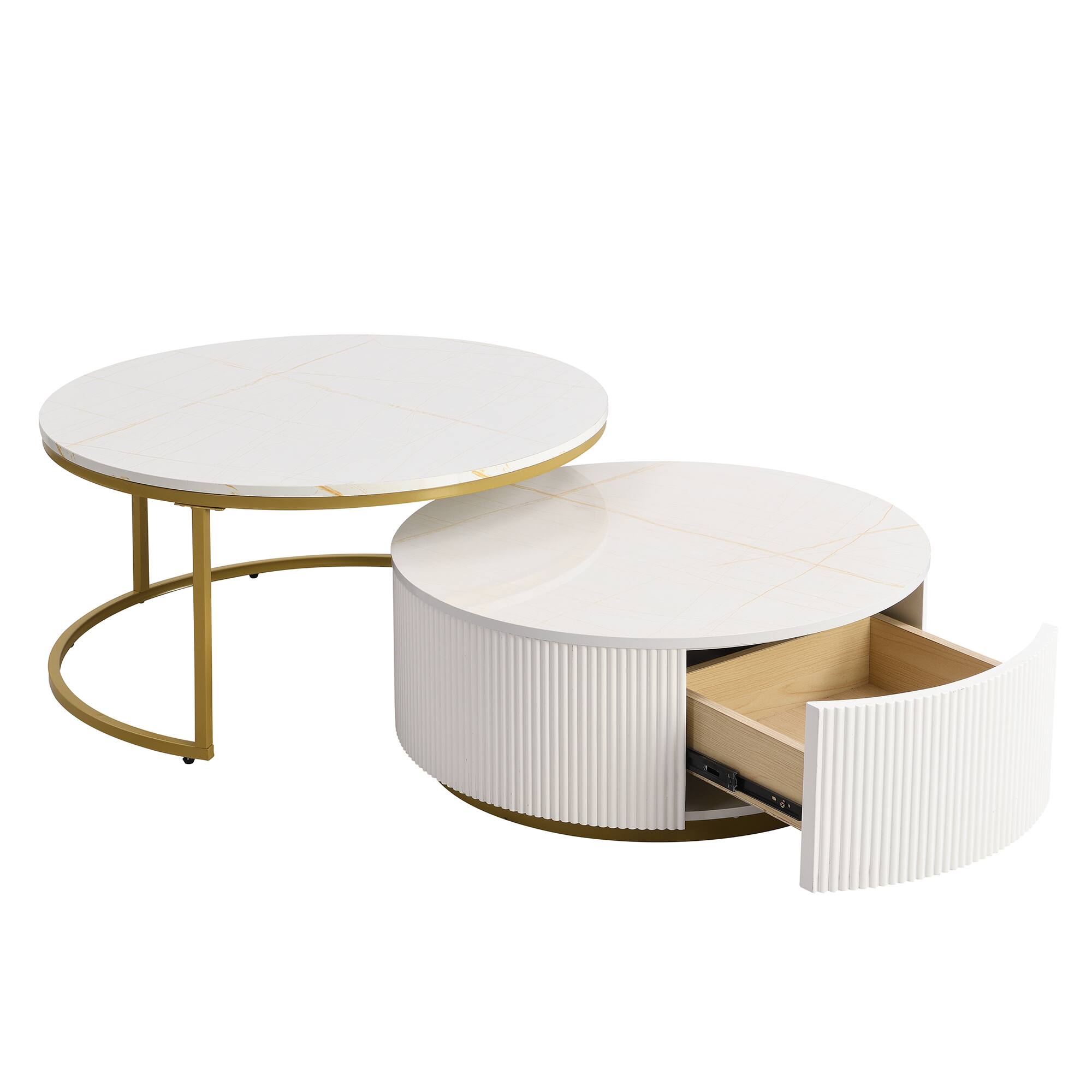 Alt View 10. Tiramisubest - Modern Round Nesting Coffee Table Fluted with Drawer in White & Gold in 27.6" - White.