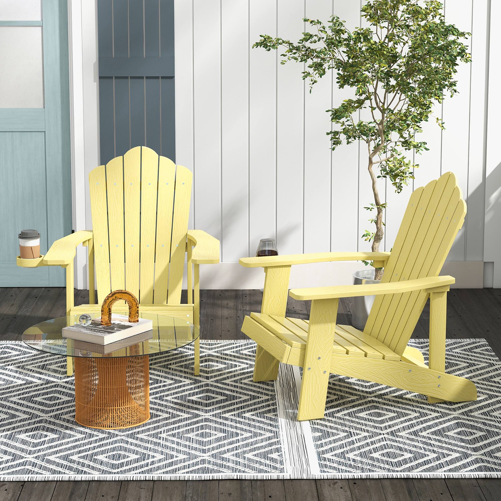 Alt View 2. Gymax - Gymax Patio HIPS Outdoor Weather Resistant Slatted Chair Adirondack Chair w/ Cup Holder Yellow - Yellow.