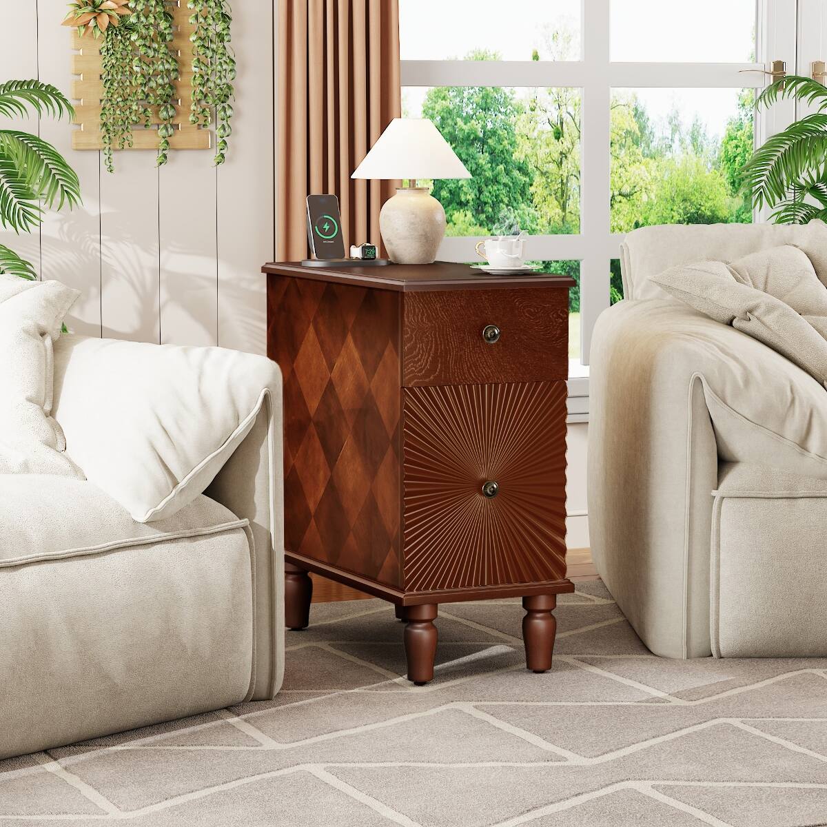 Alt View 3. Loheer - Loheer Two Drawer Nightstand, Walnut Narrow Sofa Side Table with Charging Station for Bedroom or Living Room - Walnut.