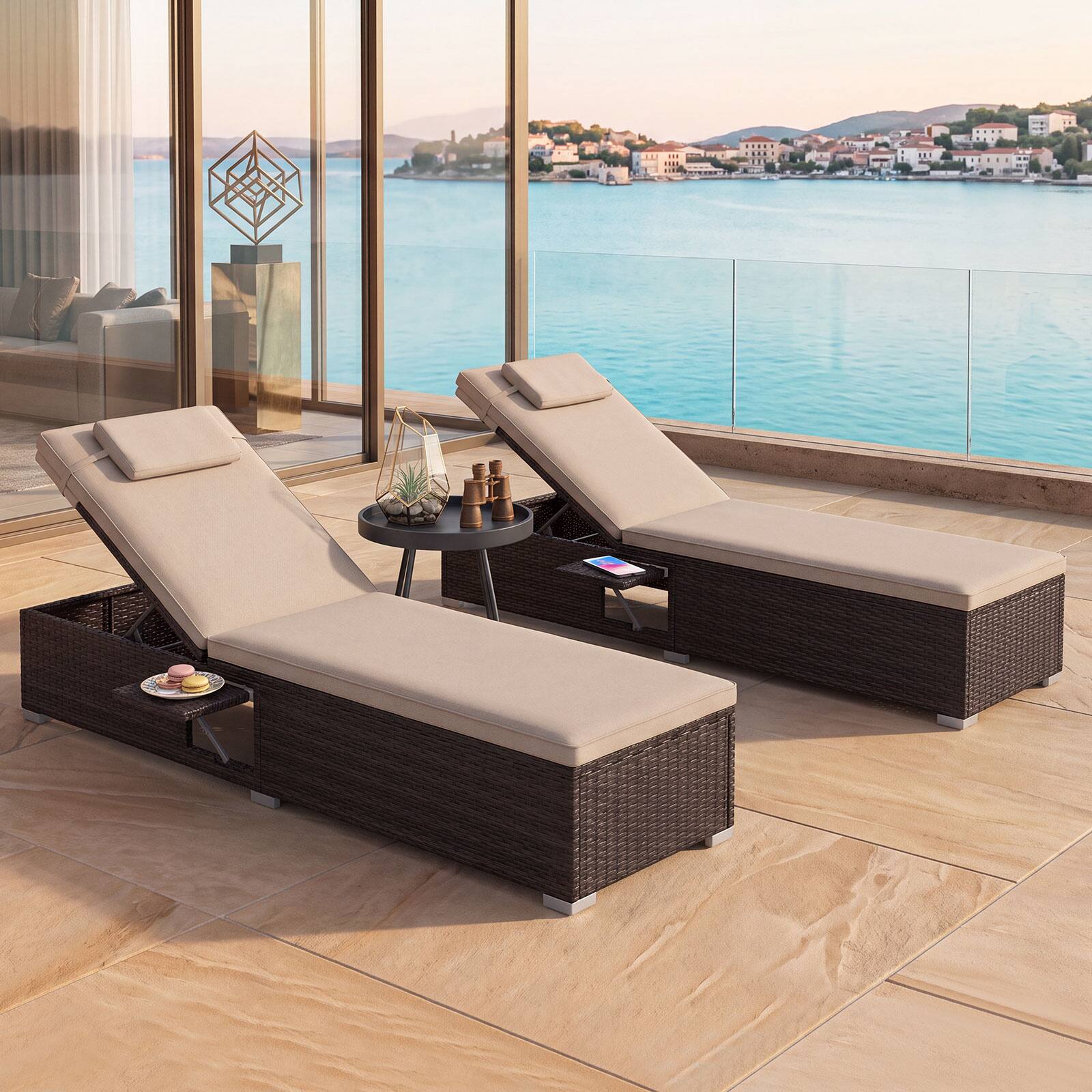Alt View 3. Costway - Costway 2PCS Patio Chaise Lounge with 6-level Backrest Comfy Seat Cushion Headrest Backyard - Mix Brown+Beige.