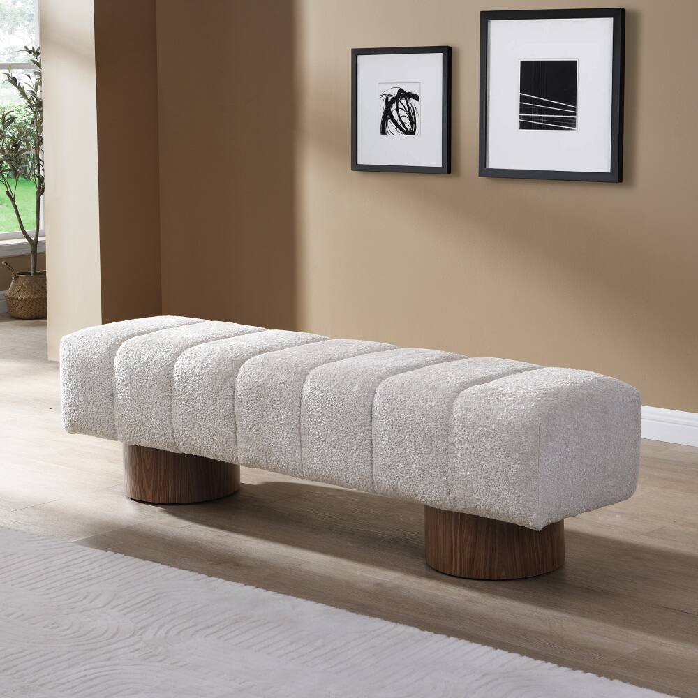Front. PDTEND - Upholstered Beige Dining Bench with Faux Fur Fabric and Wooden Legs for Dining and Living Room - Beige.