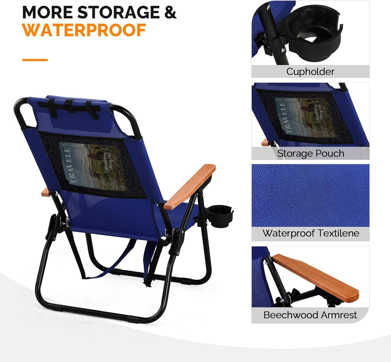 MORE STORAGE & WATERPROOF

- Cupholder
- Storage Pouch
- Waterproof Textilene
- Beechwood Armrest