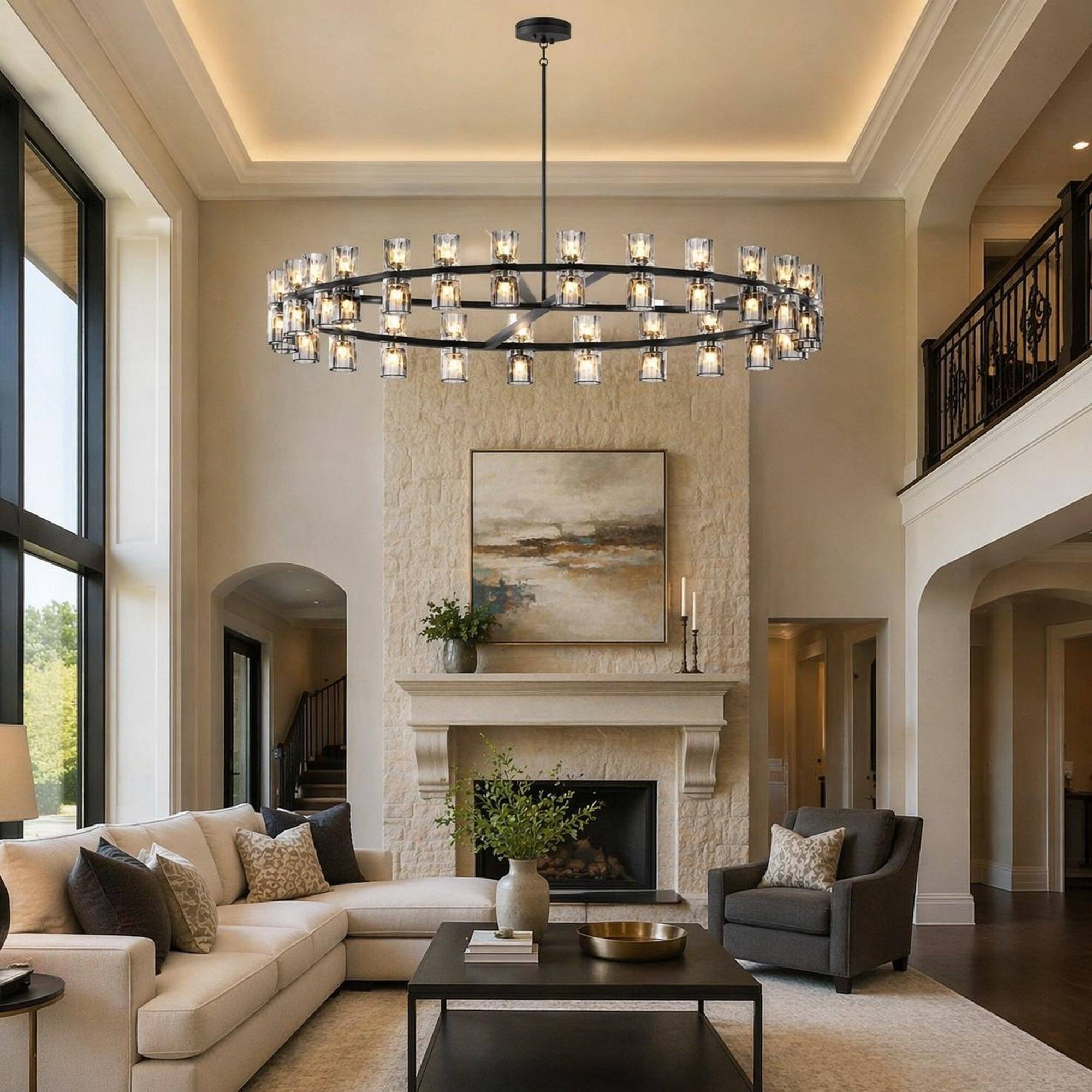 Angle. RYHNUYNE - 48-Inch Black Crystal Chandelier with Dual LED Rings, Modern Luxury Ceiling Light for Living Room, Dining Room.