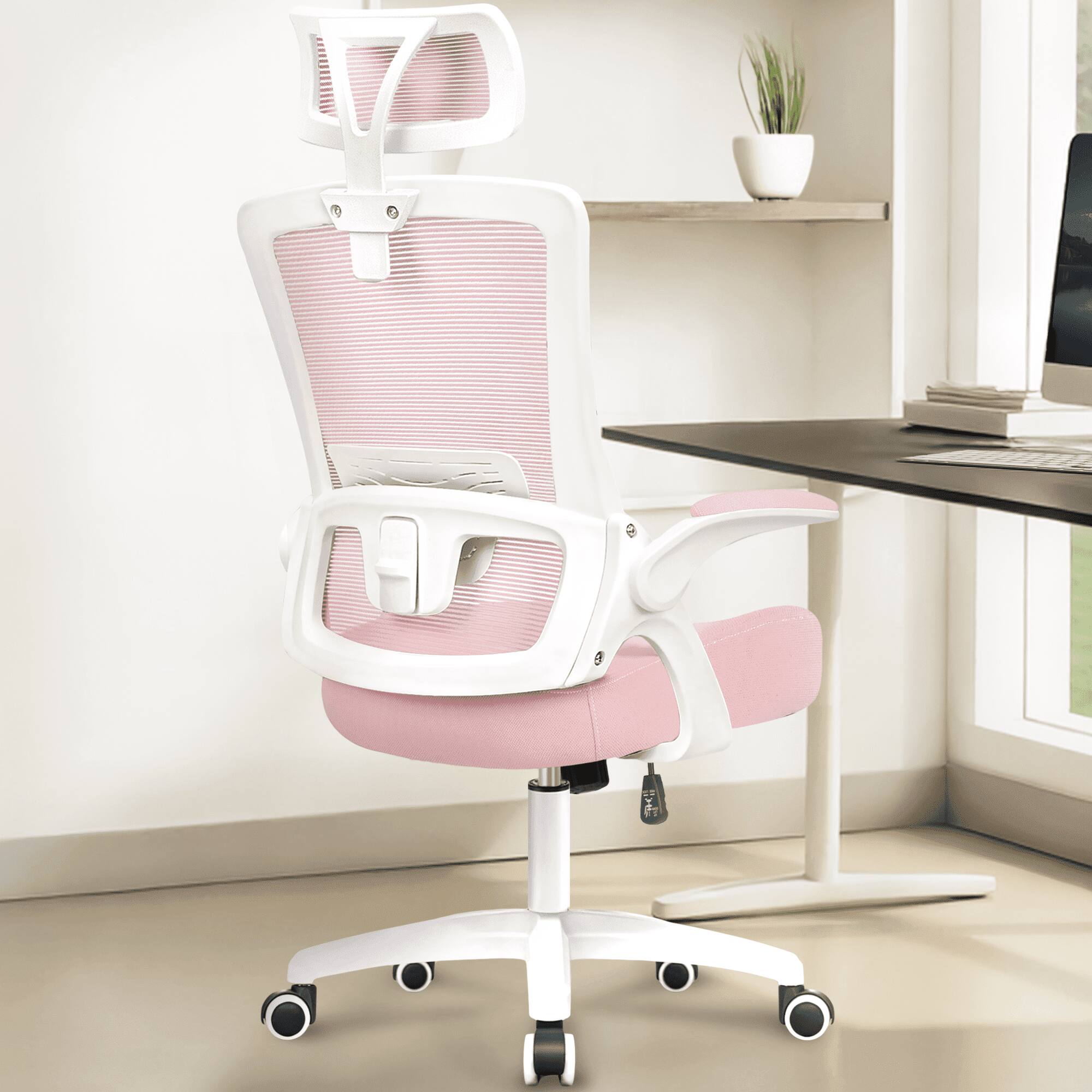 Alt View 2. Neo Chair - Office Desk Chair Computer High Back Support Mesh Comfy Adjustable Ergonomic Headrest Lumbar Rolling Flip-up Armrests - Plastic Base-Pink.