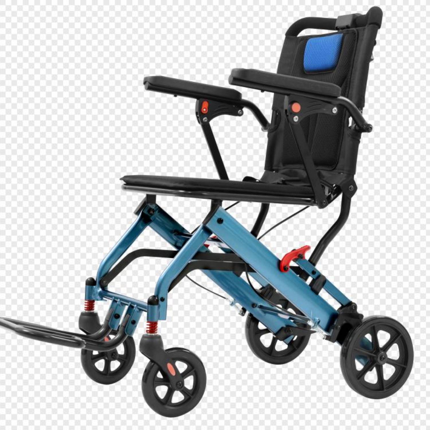 Front. Acekool - 10 inch Portable Folding Wheelchair, Travel Wheelchair with Handbrake for The Elderly and Children - Black+Blue.