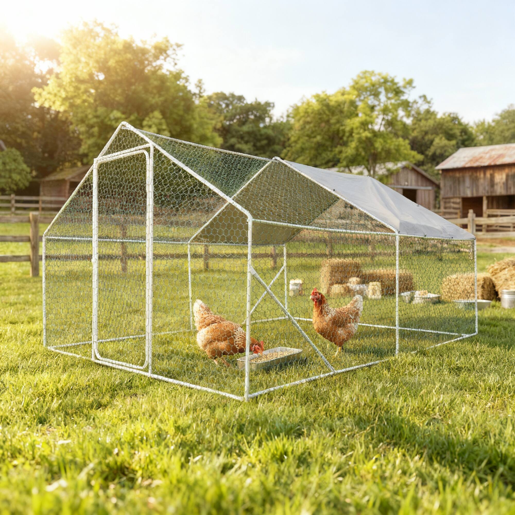 Front. Loheer - Spacious Metal Chicken Coop 13.1 x 9.8 x 6.6 ft Outdoor Chicken Run with Rain Cover..