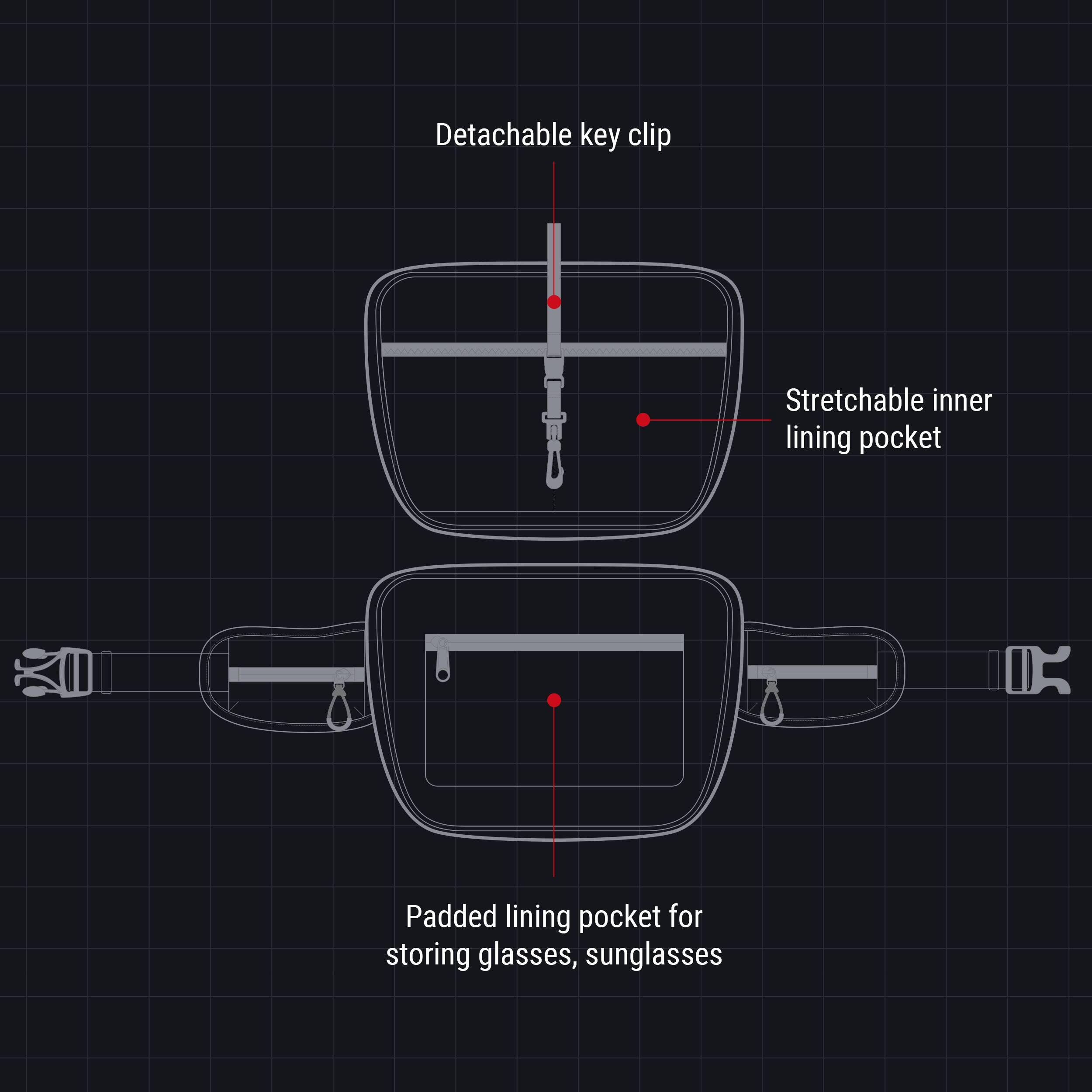 Detachable key clip  
Stretchable inner lining pocket  
Padded lining pocket for storing glasses, sunglasses