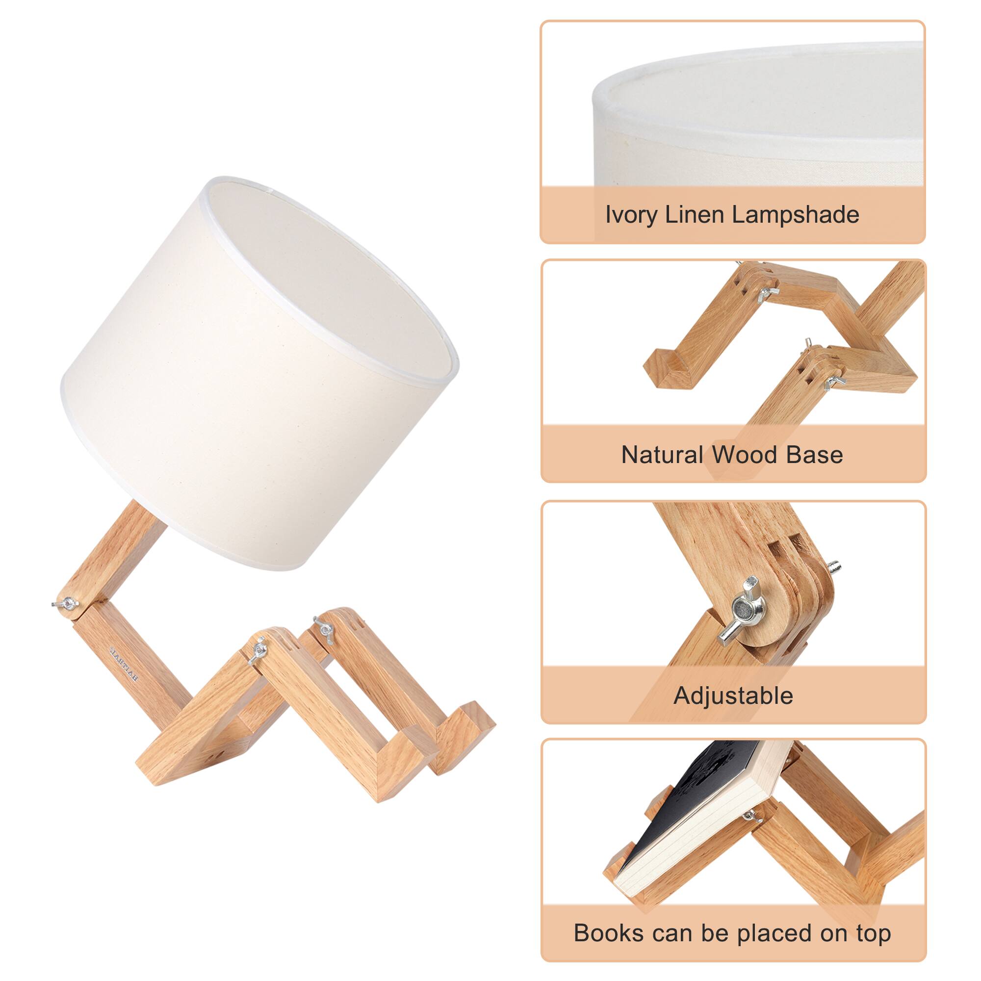 - Ivory Linen Lampshade
- Natural Wood Base
- Adjustable
- Books can be placed on top