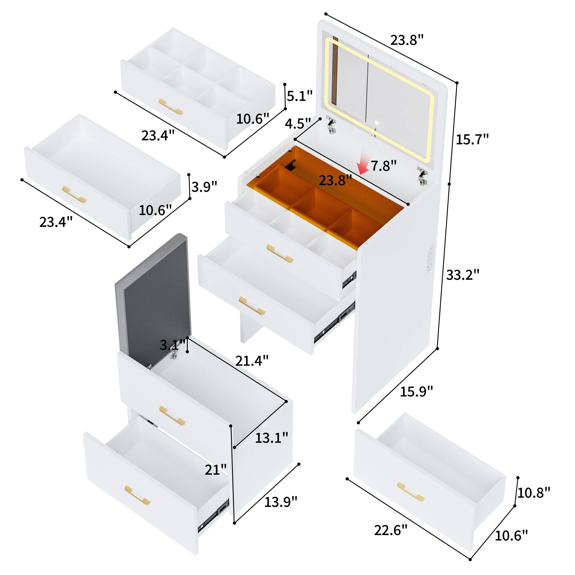 23.8"  
23.4"  
10.6"  
3.9"  
23.4"  
10.6"  
5.1"  
4.5"  
15.7"  
7.8"  
33.2"  
3.1"  
21.4"  
15.9"  
13.1"  
21"  
13.9"  
10.8"  
22.6"  
10.6"