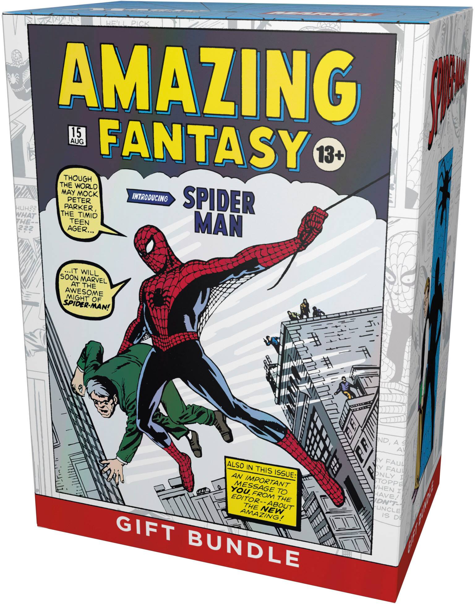 HELL PICK AMAZING FANTASY 13+ THOUGH THE WORLD MAY MOCK PETER PARKER, WHAT THE TIMID TEEN AGER... IT WILL SOON MARVEL AT THE AWESOME MIGHT OF SPIDER-MAN! ALSO IN THIS ISSUE: AN IMPORTANT MESSAGE FROM THE EDITOR--ABOUT THE NEW AMAZING! GIFT BUNDLE ND, A S A Y FAUL ONLY WHEN I HAVE! DN'T UNCLE IS DE TEA