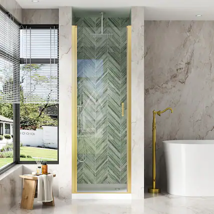 Front. WELLFOR - 26-7/16"-28"W x 72" H Semi-Frameless Pivot Shower Door -1/4 in. Tempered Glass, Easy Clean Coating - Brushed Gold.