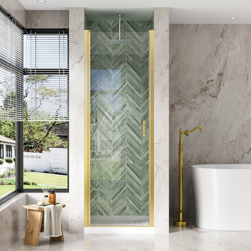 Front. WELLFOR - 26-7/16"-28"W x 72" H Semi-Frameless Pivot Shower Door -1/4 in. Tempered Glass, Easy Clean Coating - Brushed Gold.